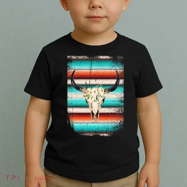 Funny Serape Cow Boho Print Flower Rustic Turquoise Toddler T-Shirt