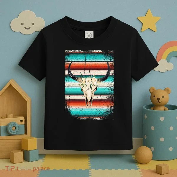 Funny Serape Cow Boho Print Flower Rustic Turquoise Toddler T-Shirt