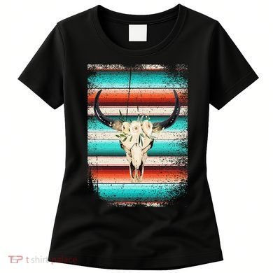 Funny Serape Cow Boho Print Flower Rustic Turquoise Women's T-Shirt