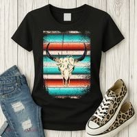 Funny Serape Cow Boho Print Flower Rustic Turquoise Women's T-Shirt thumb 3