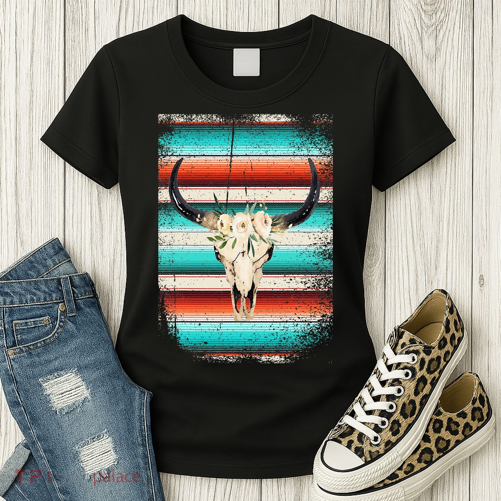 Funny Serape Cow Boho Print Flower Rustic Turquoise Women's T-Shirt