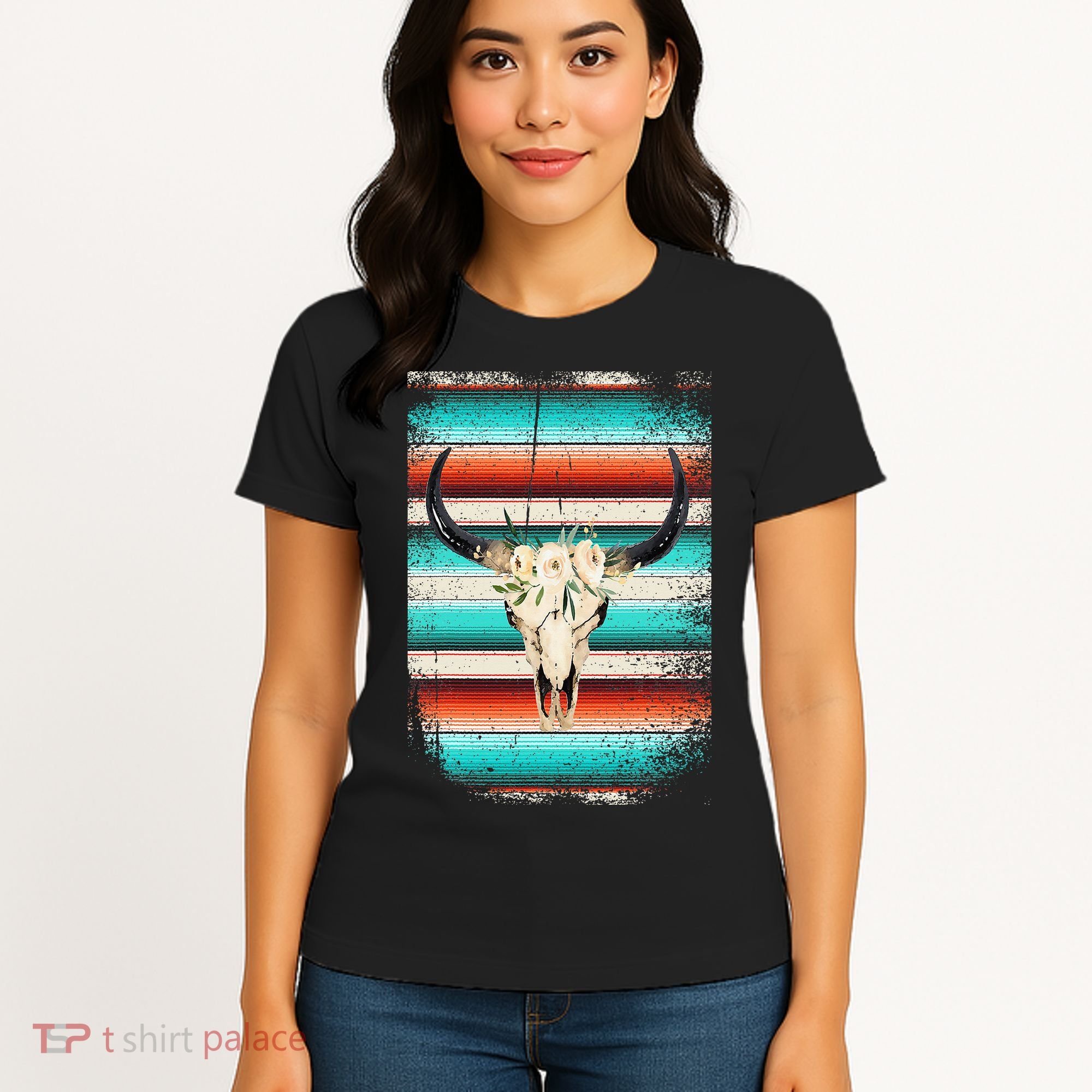 Funny Serape Cow Boho Print Flower Rustic Turquoise Women's T-Shirt