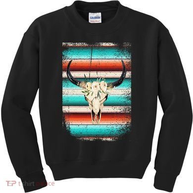 Funny Serape Cow Boho Print Flower Rustic Turquoise Kids Sweatshirt