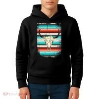 Funny Serape Cow Boho Print Flower Rustic Turquoise Kids Hoodie thumb 4
