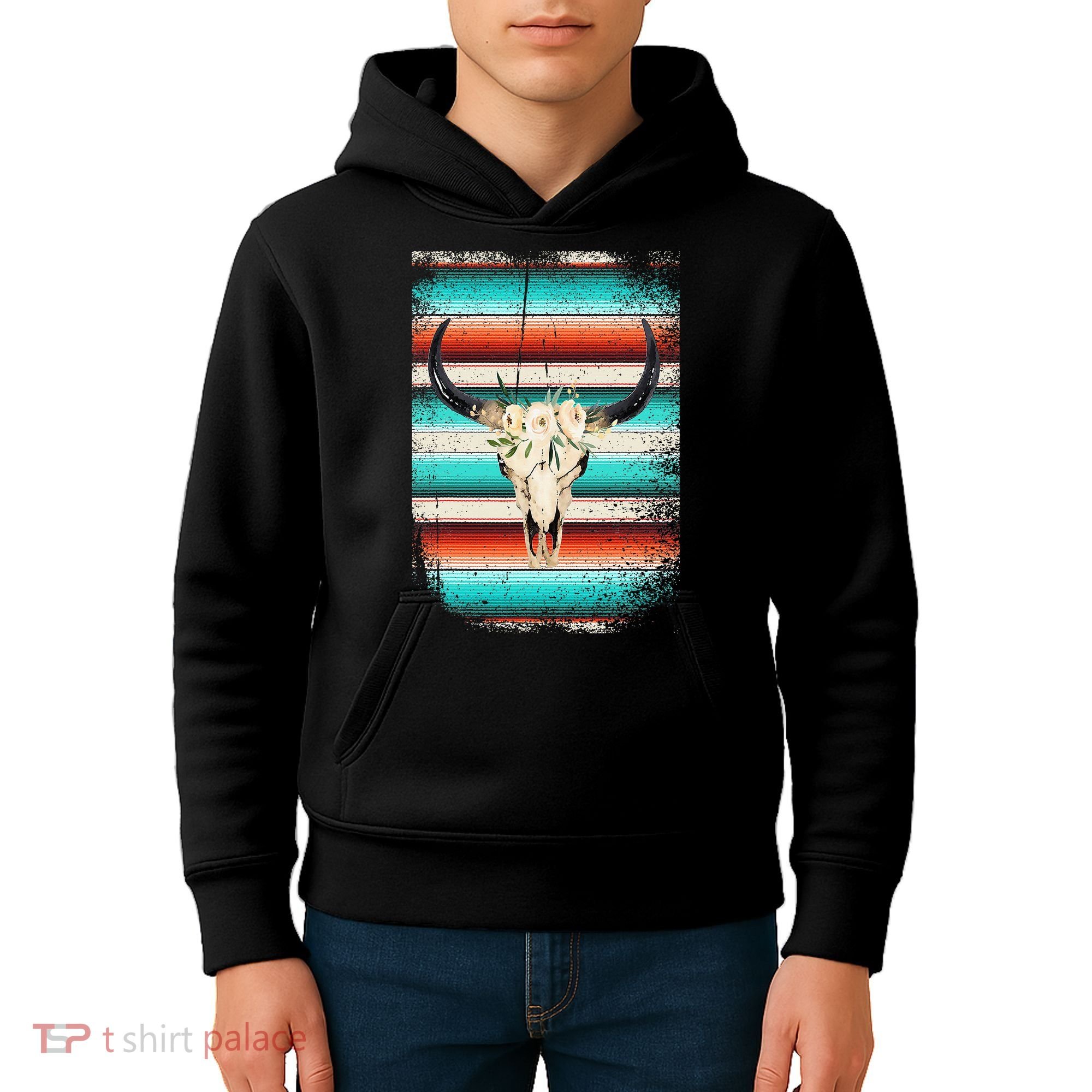 Funny Serape Cow Boho Print Flower Rustic Turquoise Kids Hoodie