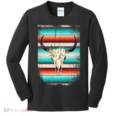 Funny Serape Cow Boho Print Flower Rustic Turquoise Kids Long Sleeve Shirt