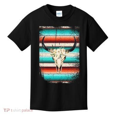 Funny Serape Cow Boho Print Flower Rustic Turquoise Kids T-Shirt