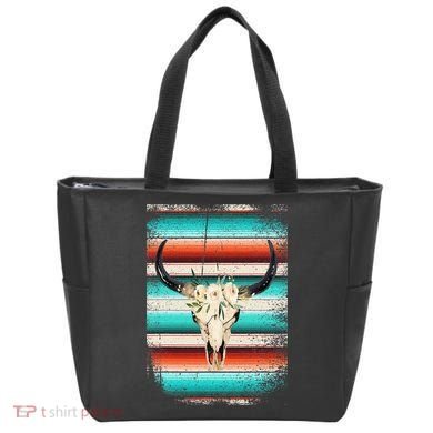 Funny Serape Cow Boho Print Flower Rustic Turquoise Tote Bag