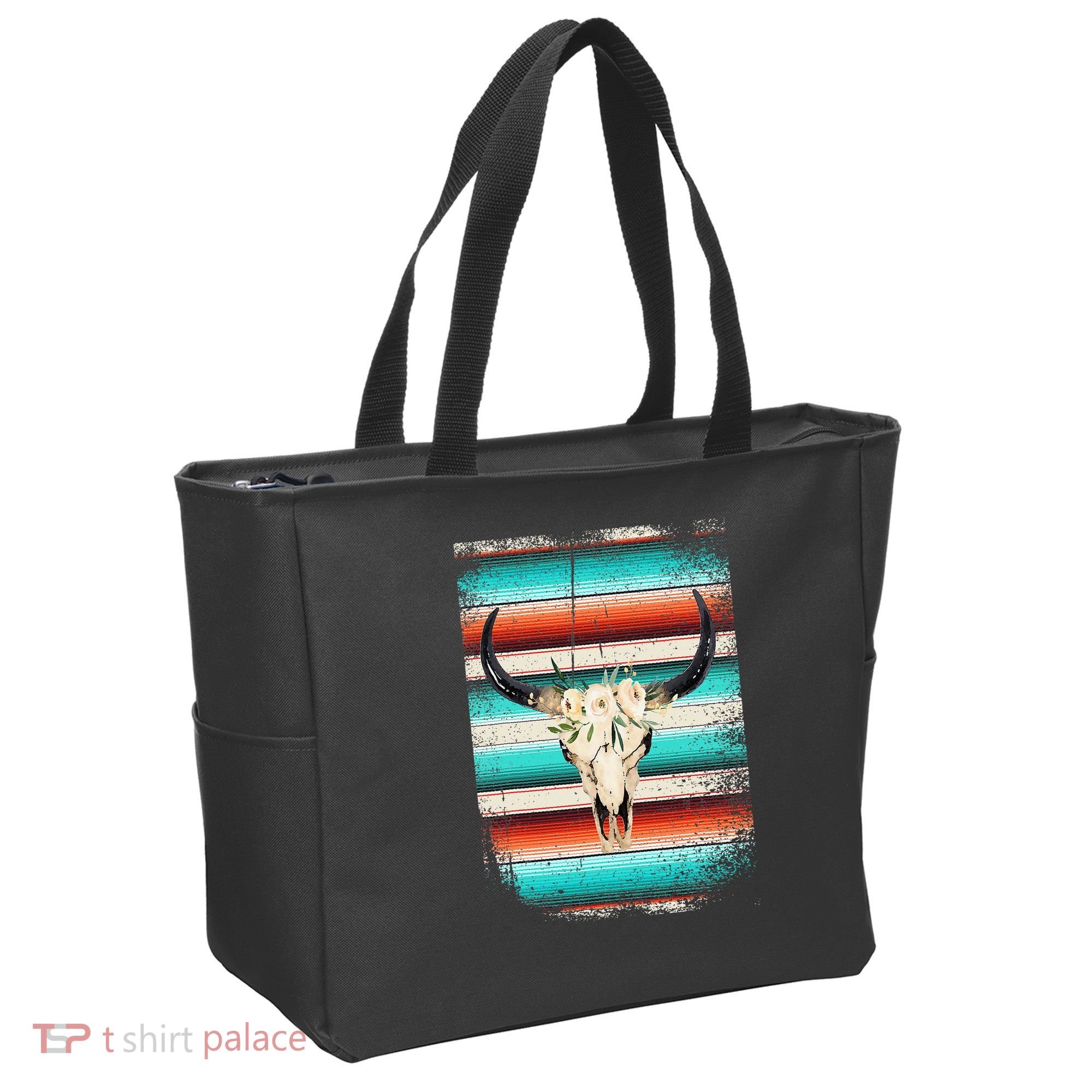 Funny Serape Cow Boho Print Flower Rustic Turquoise Tote Bag