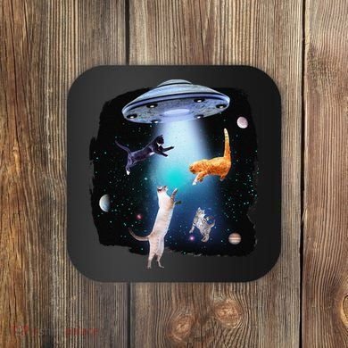 Funny Space Cats Abduction Whimsical Ufo Design Coaster