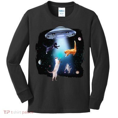 Funny Space Cats Abduction Whimsical Ufo Design Kids Long Sleeve Shirt