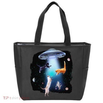 Funny Space Cats Abduction Whimsical Ufo Design Tote Bag