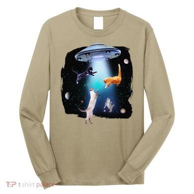 Funny Space Cats Abduction Whimsical Ufo Design Long Sleeve Shirt