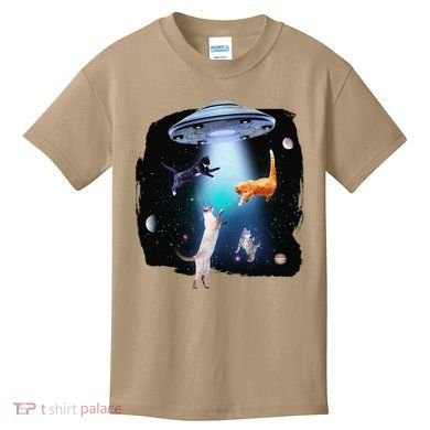 Funny Space Cats Abduction Whimsical Ufo Design Kids T-Shirt