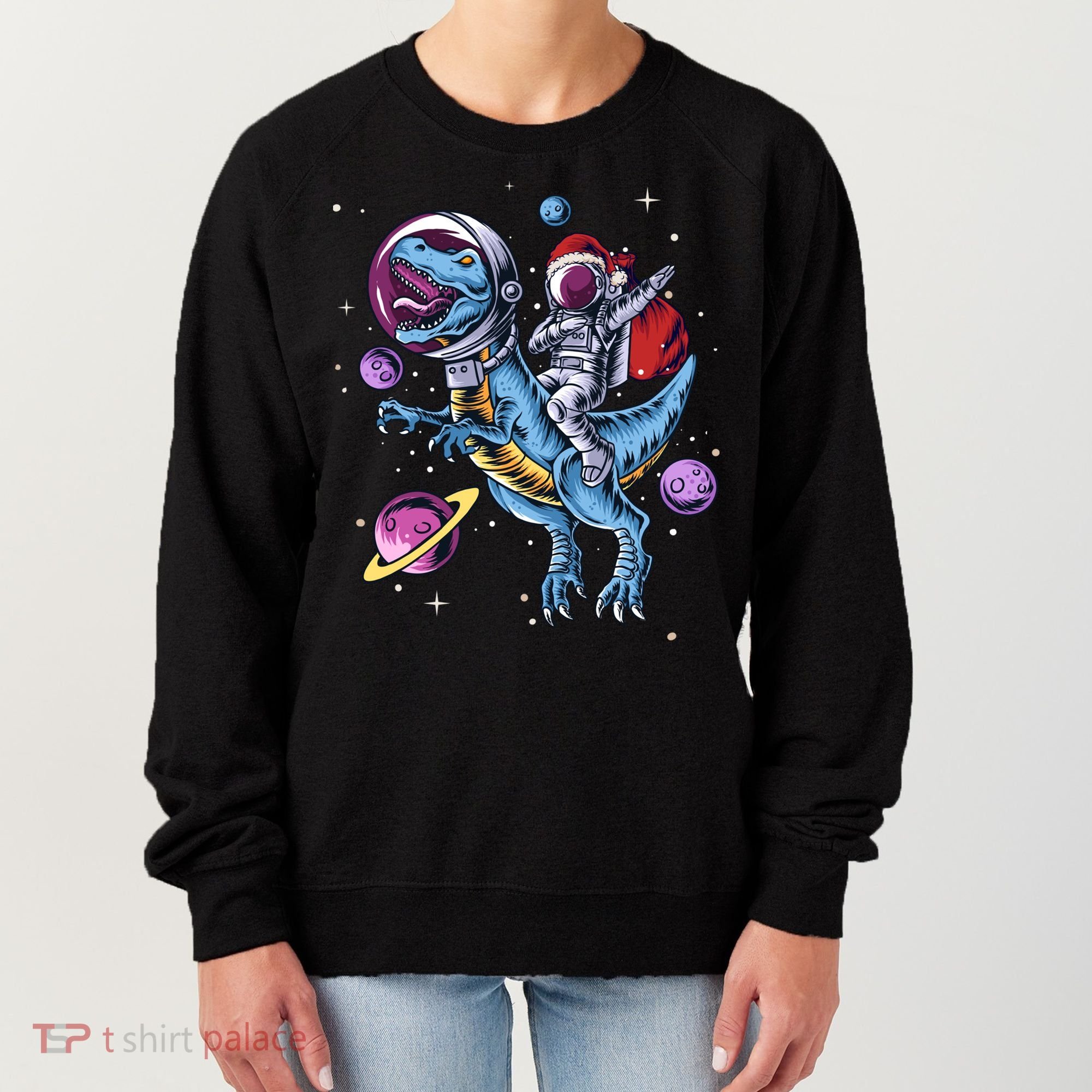 Funny Santa Claus Astronaut Christmas Riding Dinosaur Trex Gift Women's Sweatshirt