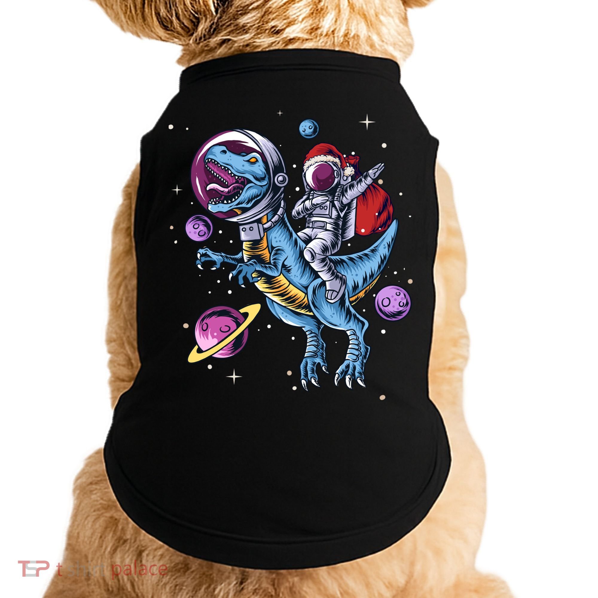 Funny Santa Claus Astronaut Christmas Riding Dinosaur Trex Gift Doggie Tank
