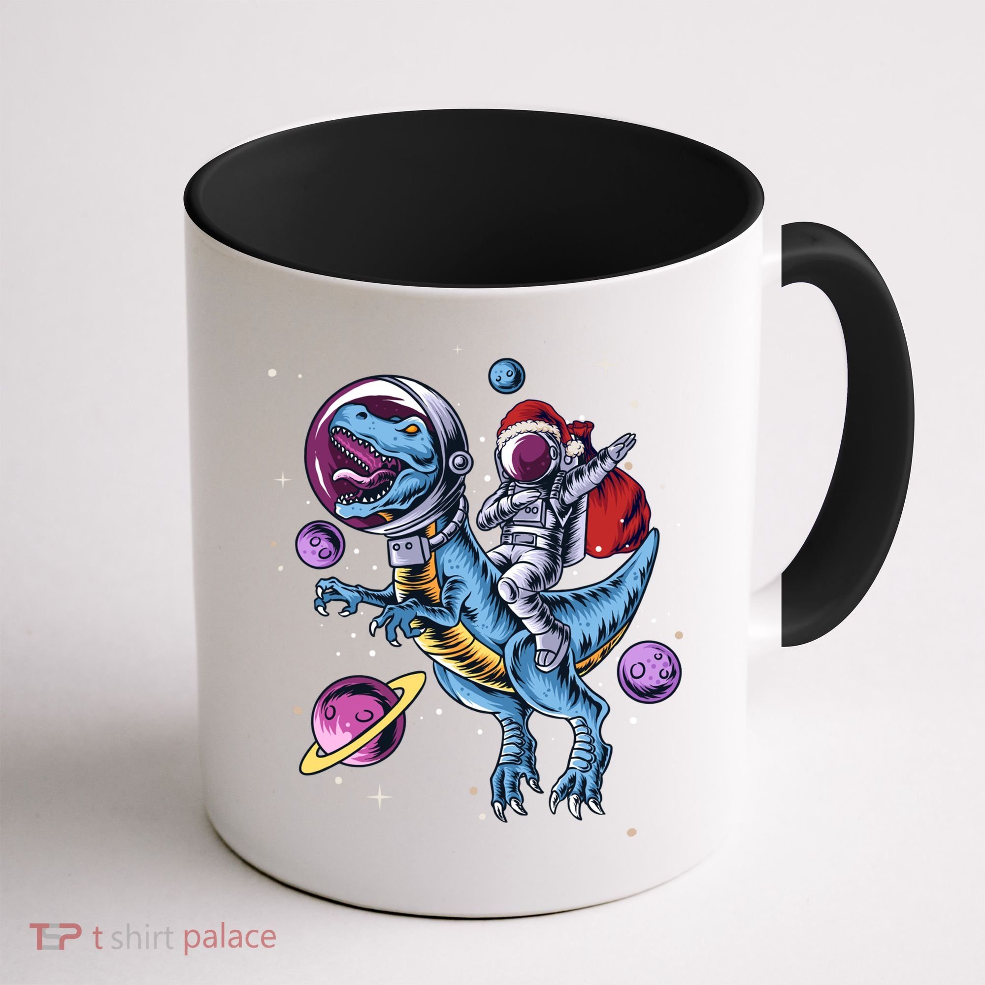 Funny Santa Claus Astronaut Christmas Riding Dinosaur Trex Gift Coffee Mug