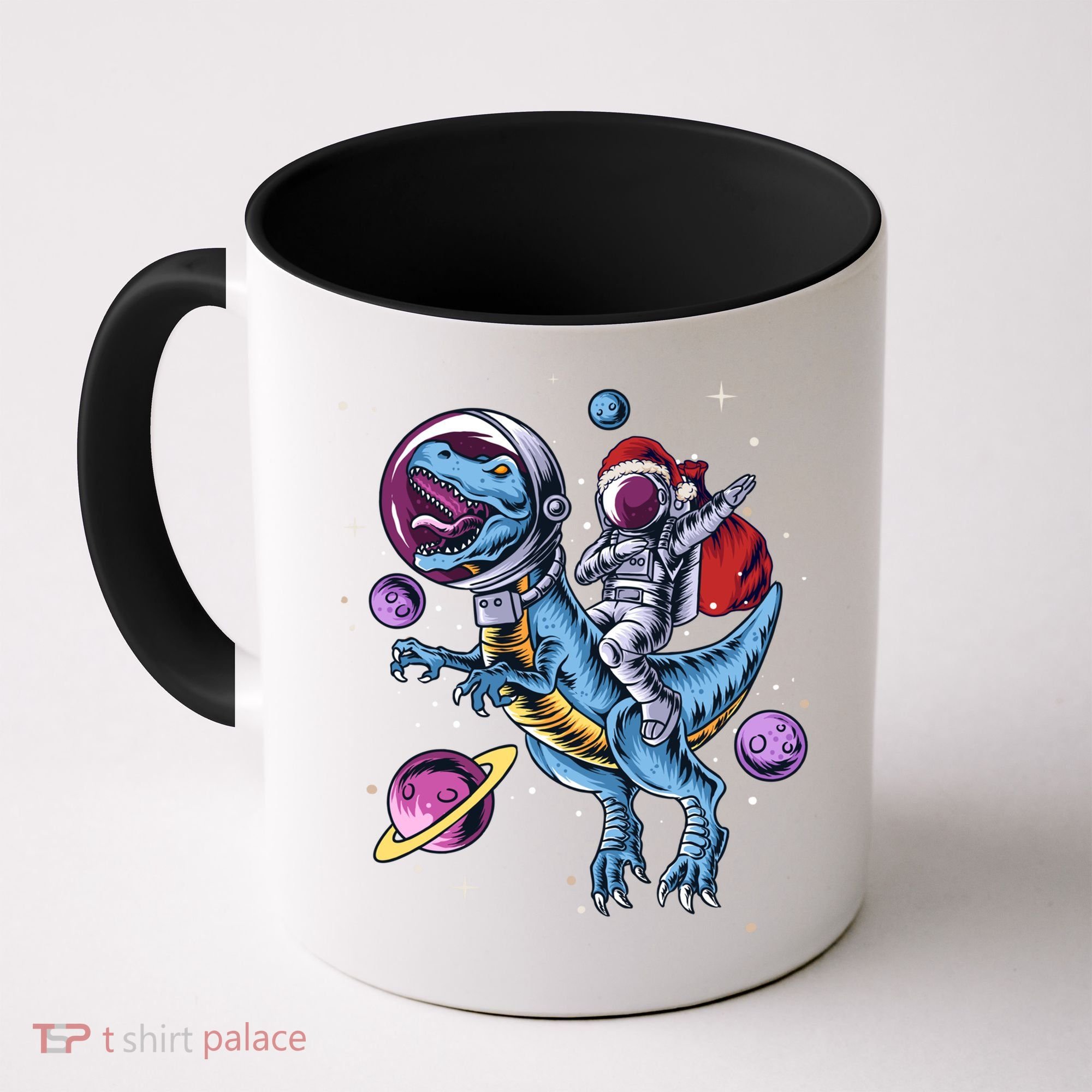 Funny Santa Claus Astronaut Christmas Riding Dinosaur Trex Gift Coffee Mug