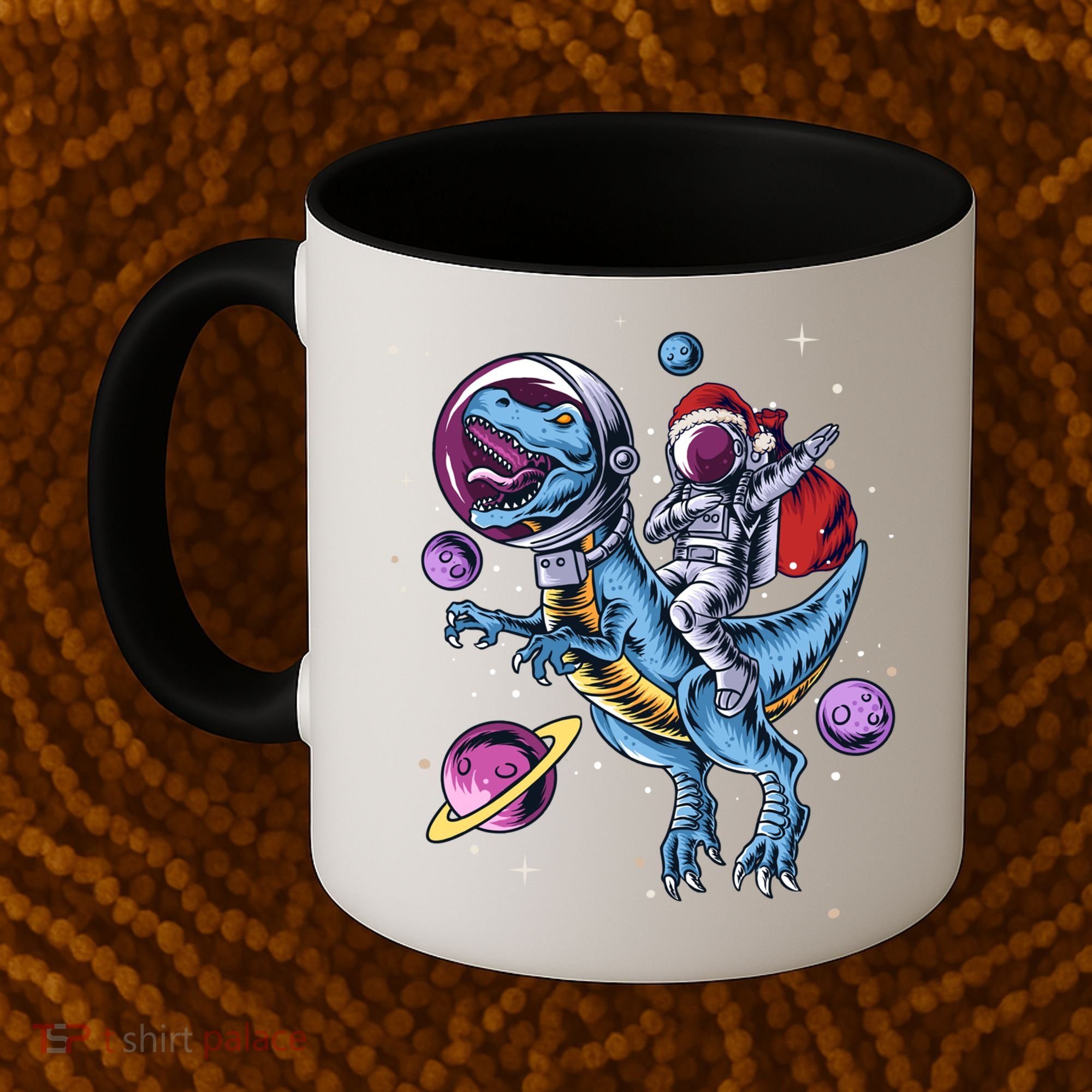 Funny Santa Claus Astronaut Christmas Riding Dinosaur Trex Gift Coffee Mug