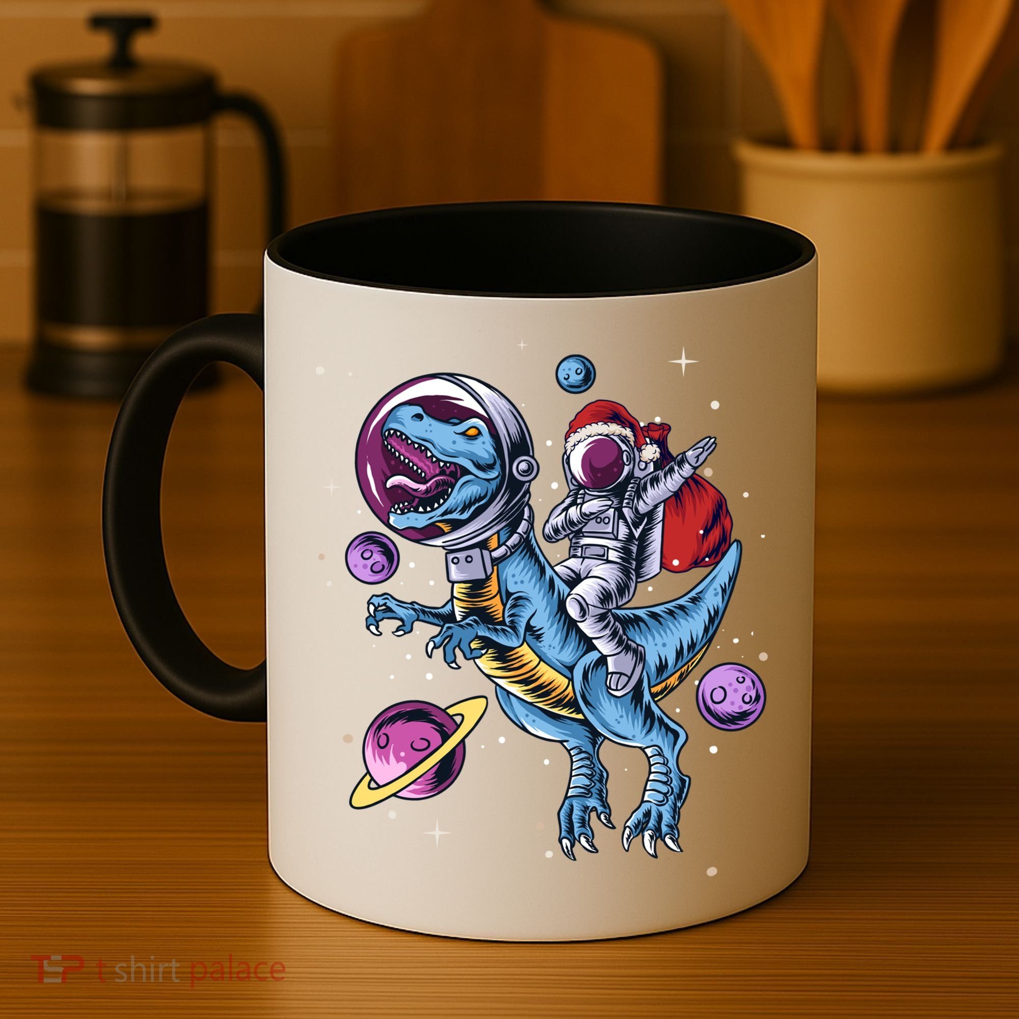 Funny Santa Claus Astronaut Christmas Riding Dinosaur Trex Gift Coffee Mug