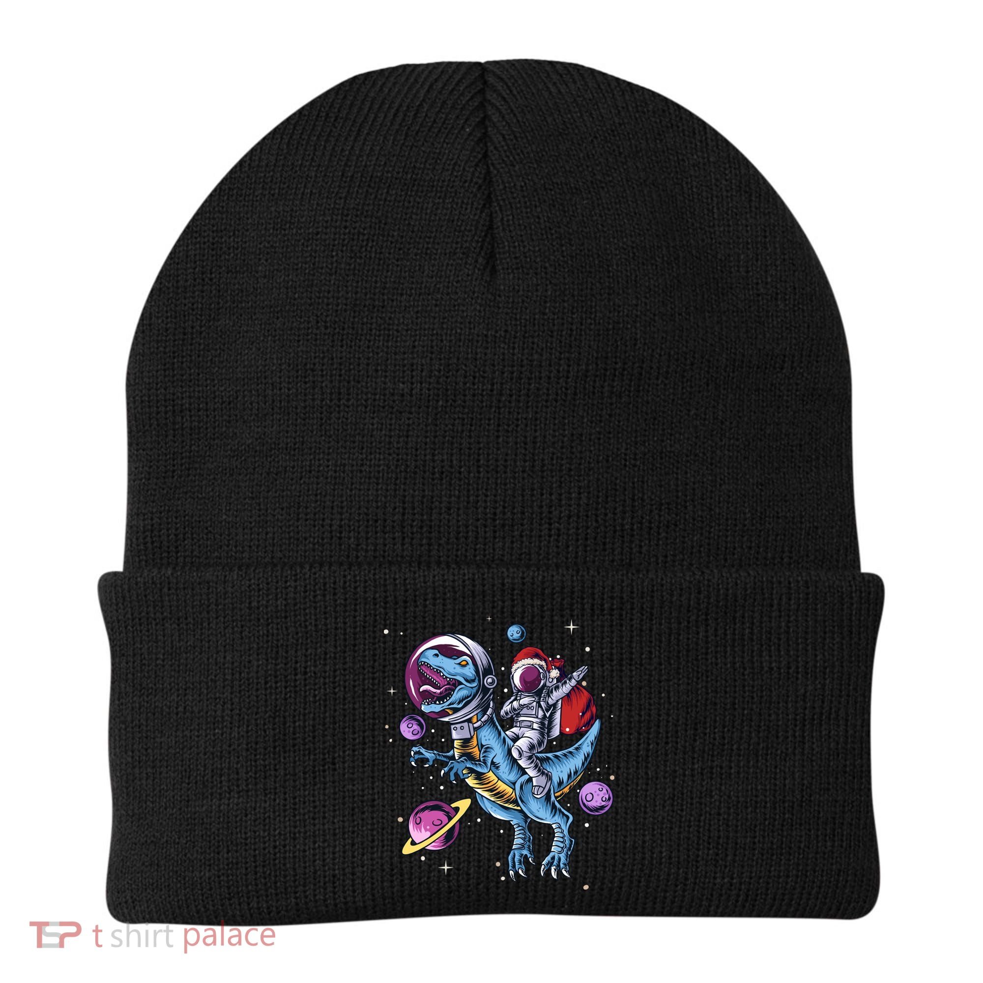 Funny Santa Claus Astronaut Christmas Riding Dinosaur Trex Gift Beanie