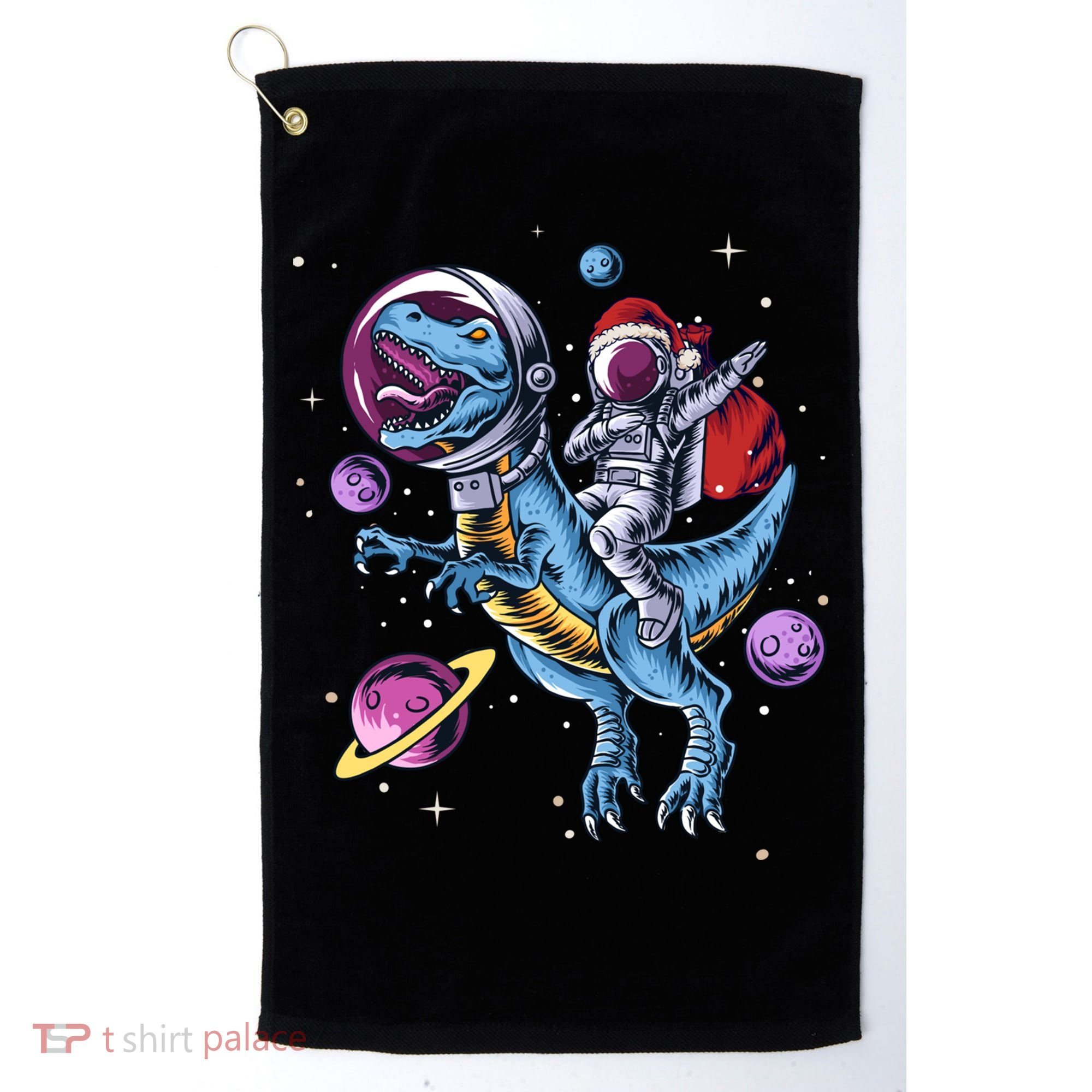 Funny Santa Claus Astronaut Christmas Riding Dinosaur Trex Gift Golf Towel