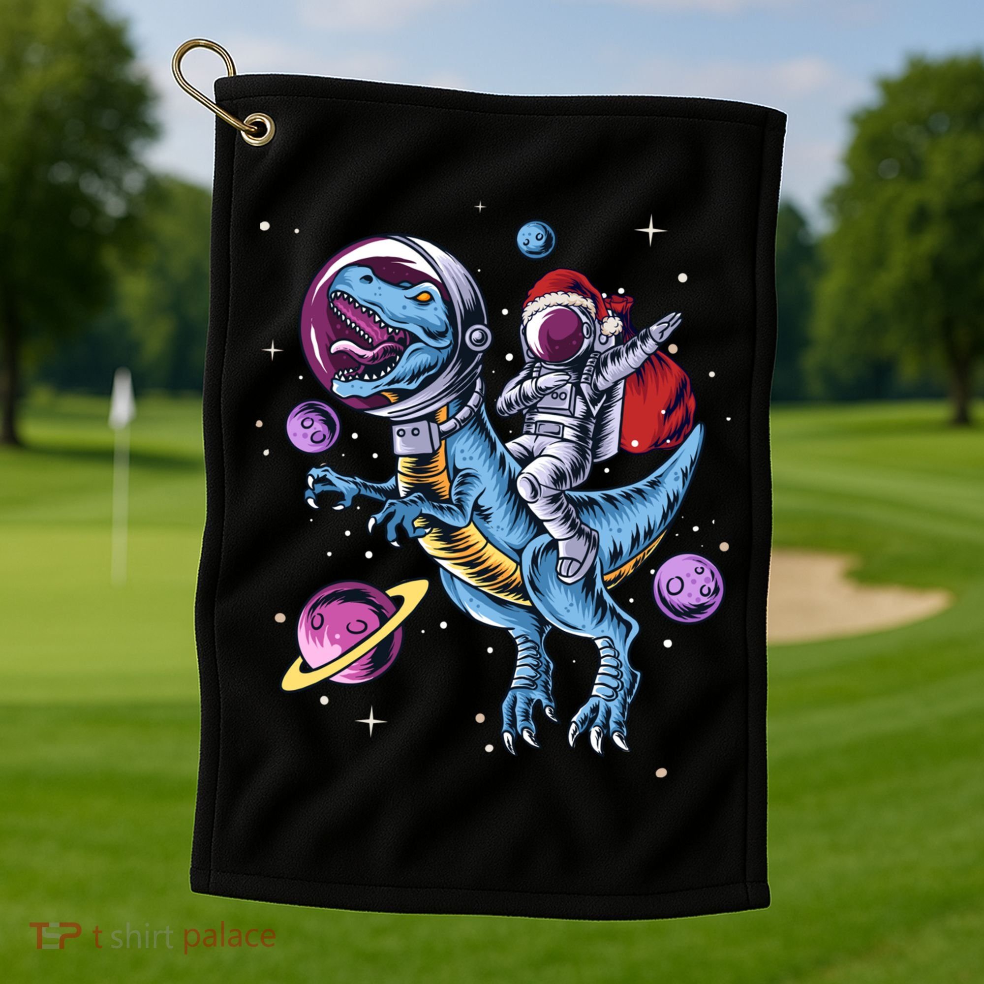 Funny Santa Claus Astronaut Christmas Riding Dinosaur Trex Gift Golf Towel