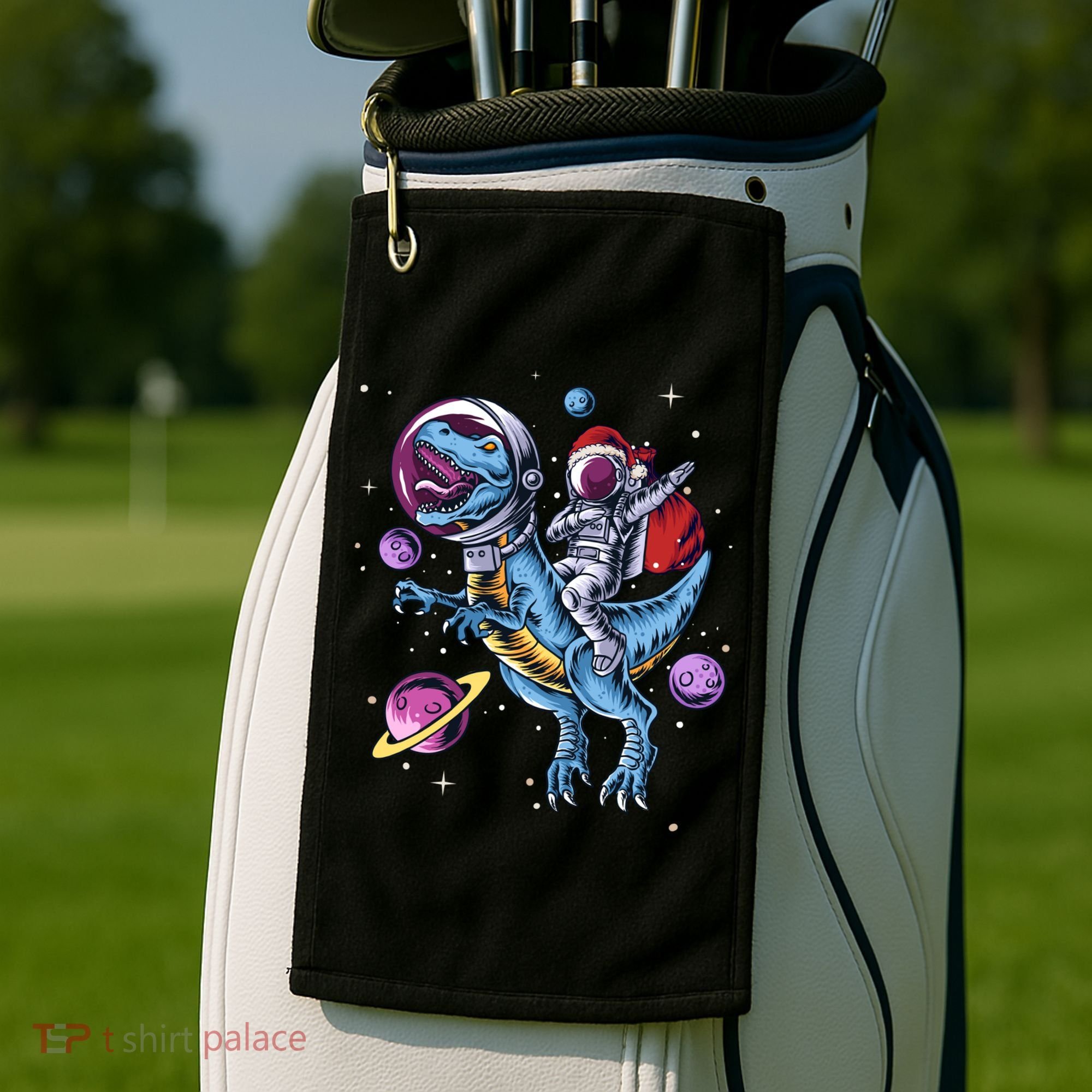 Funny Santa Claus Astronaut Christmas Riding Dinosaur Trex Gift Golf Towel