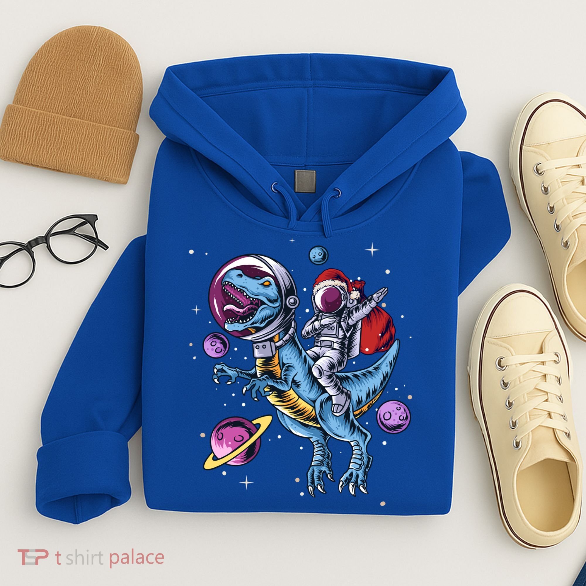 Funny Santa Claus Astronaut Christmas Riding Dinosaur Trex Gift Hoodie