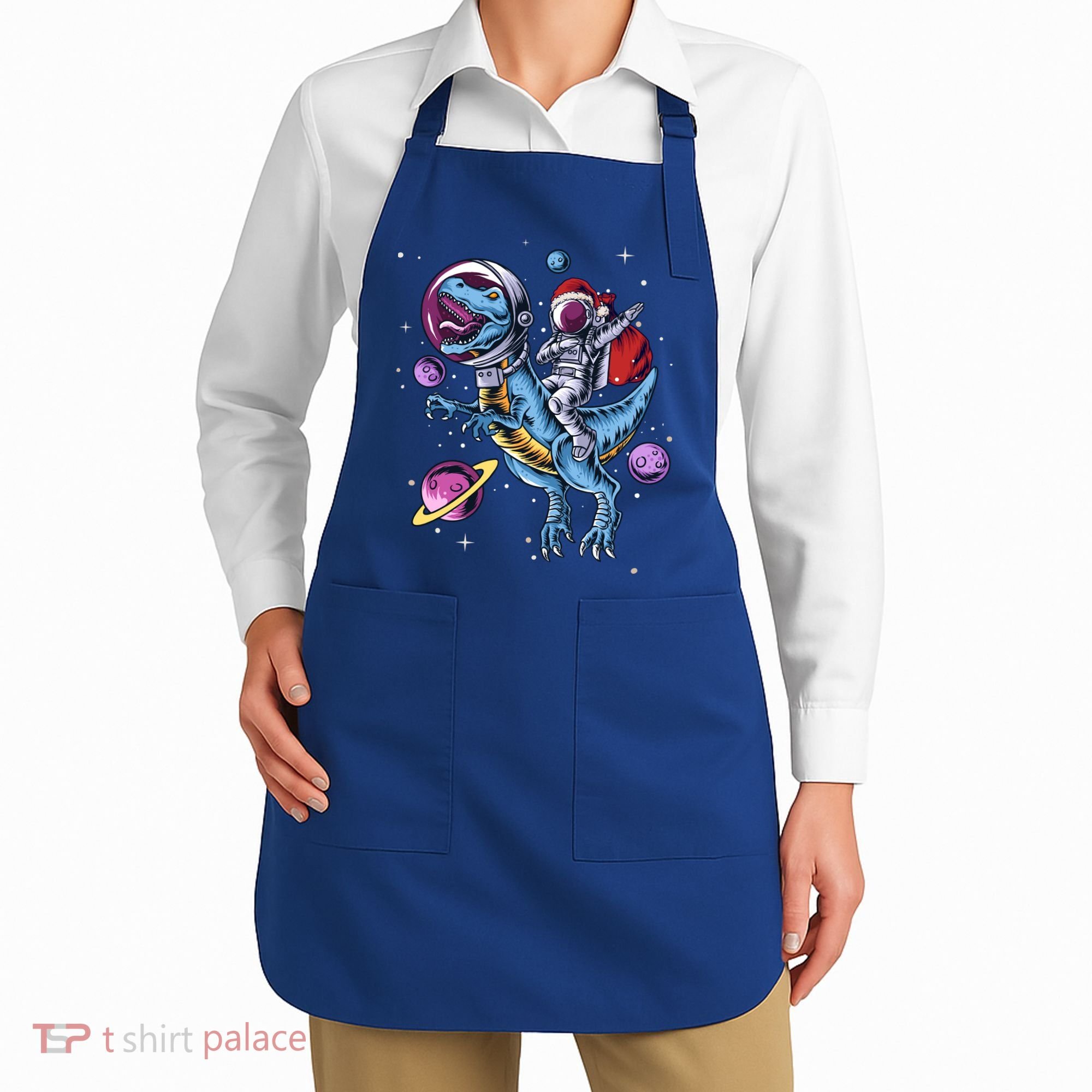 Funny Santa Claus Astronaut Christmas Riding Dinosaur Trex Gift Apron