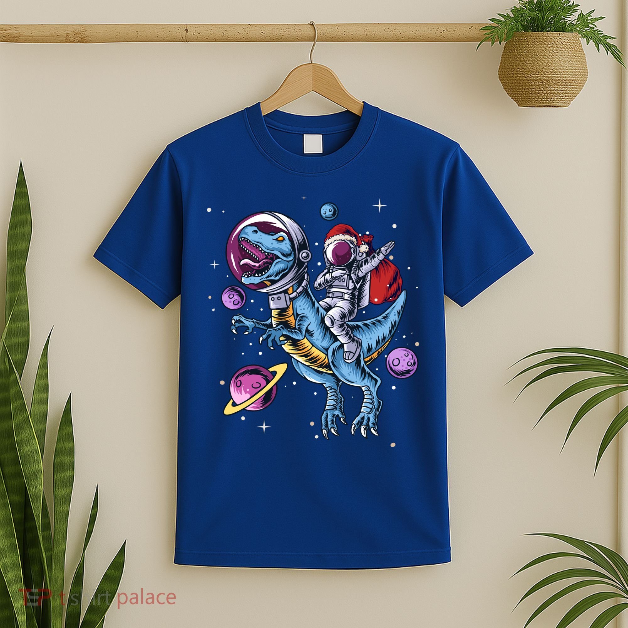 Funny Santa Claus Astronaut Christmas Riding Dinosaur Trex Gift T-Shirt