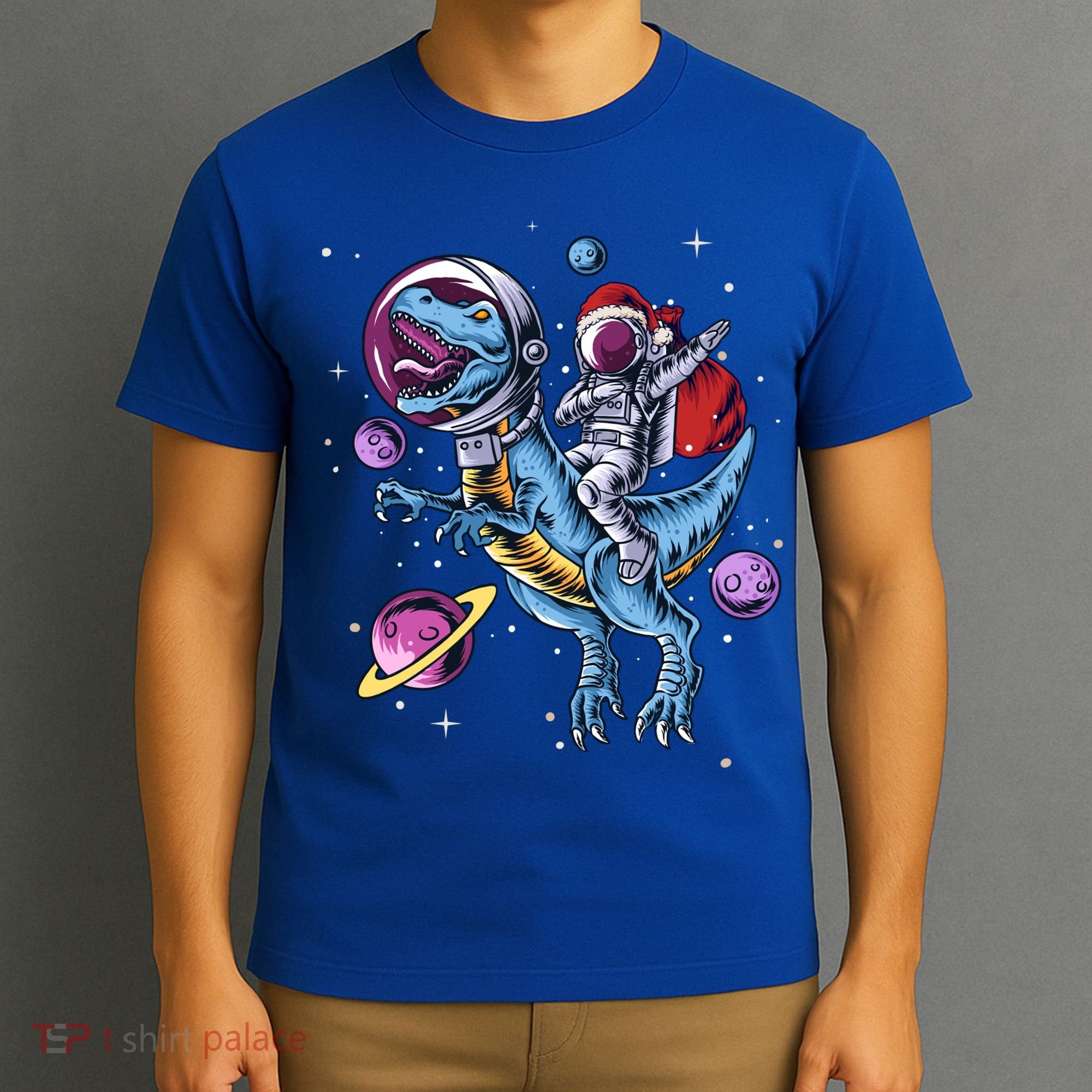 Funny Santa Claus Astronaut Christmas Riding Dinosaur Trex Gift T-Shirt