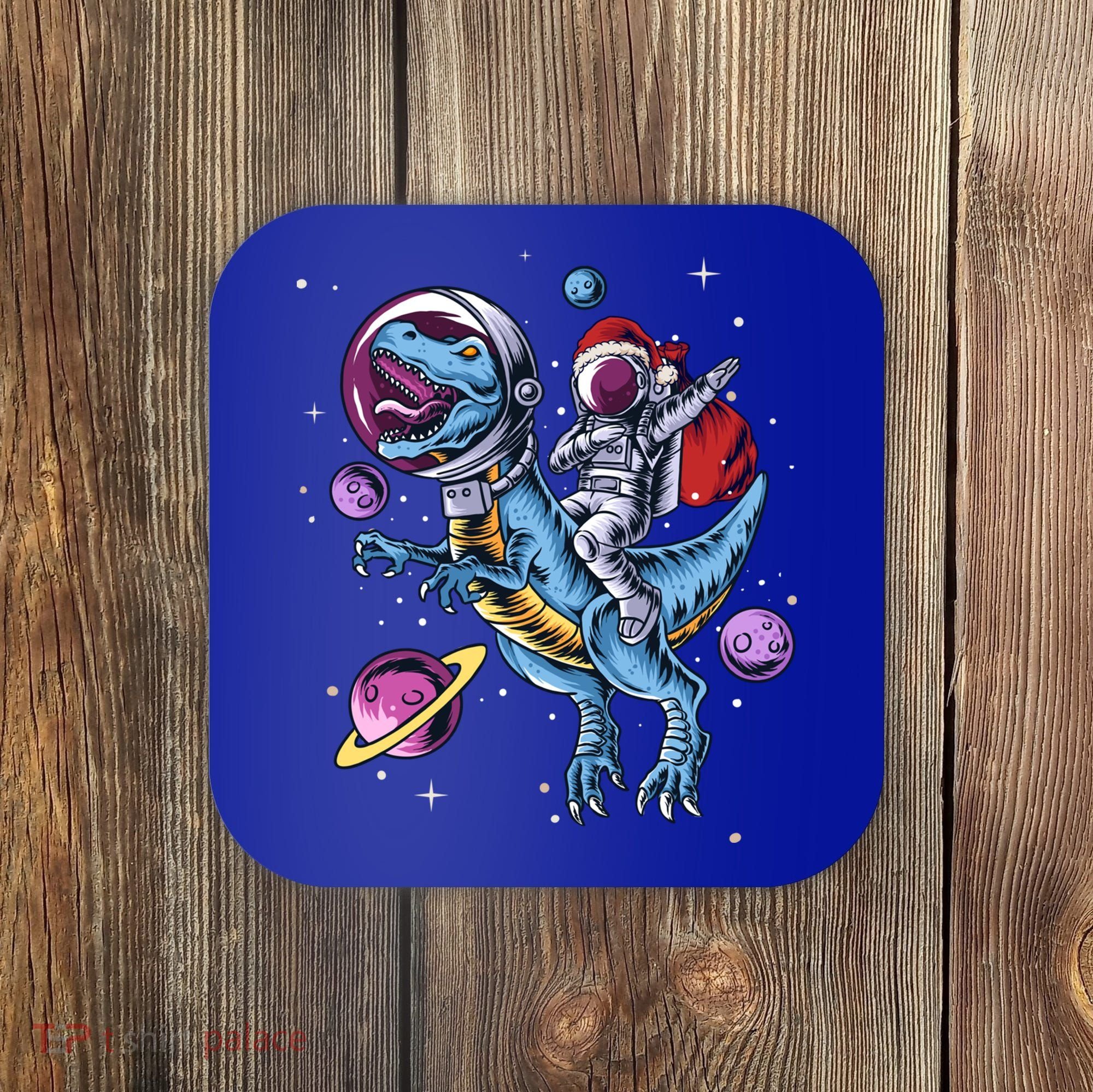 Funny Santa Claus Astronaut Christmas Riding Dinosaur Trex Gift Coaster