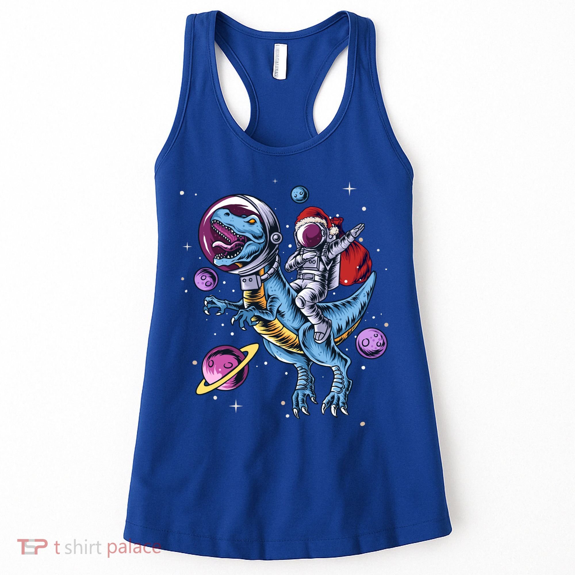 Funny Santa Claus Astronaut Christmas Riding Dinosaur Trex Gift Women's Tank Top