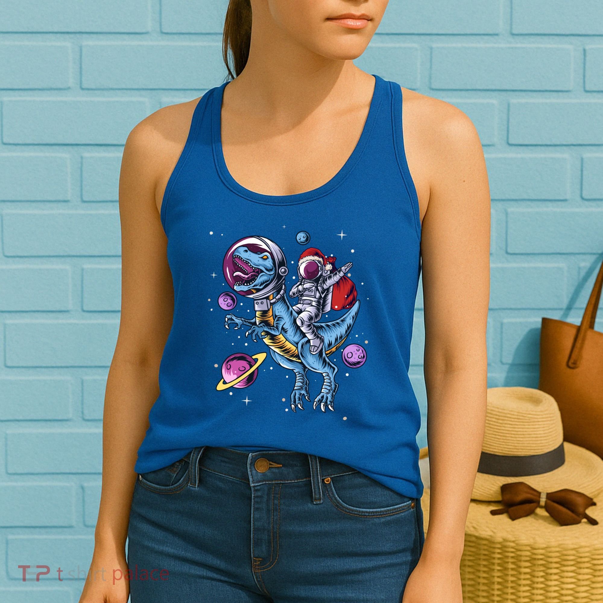 Funny Santa Claus Astronaut Christmas Riding Dinosaur Trex Gift Women's Tank Top