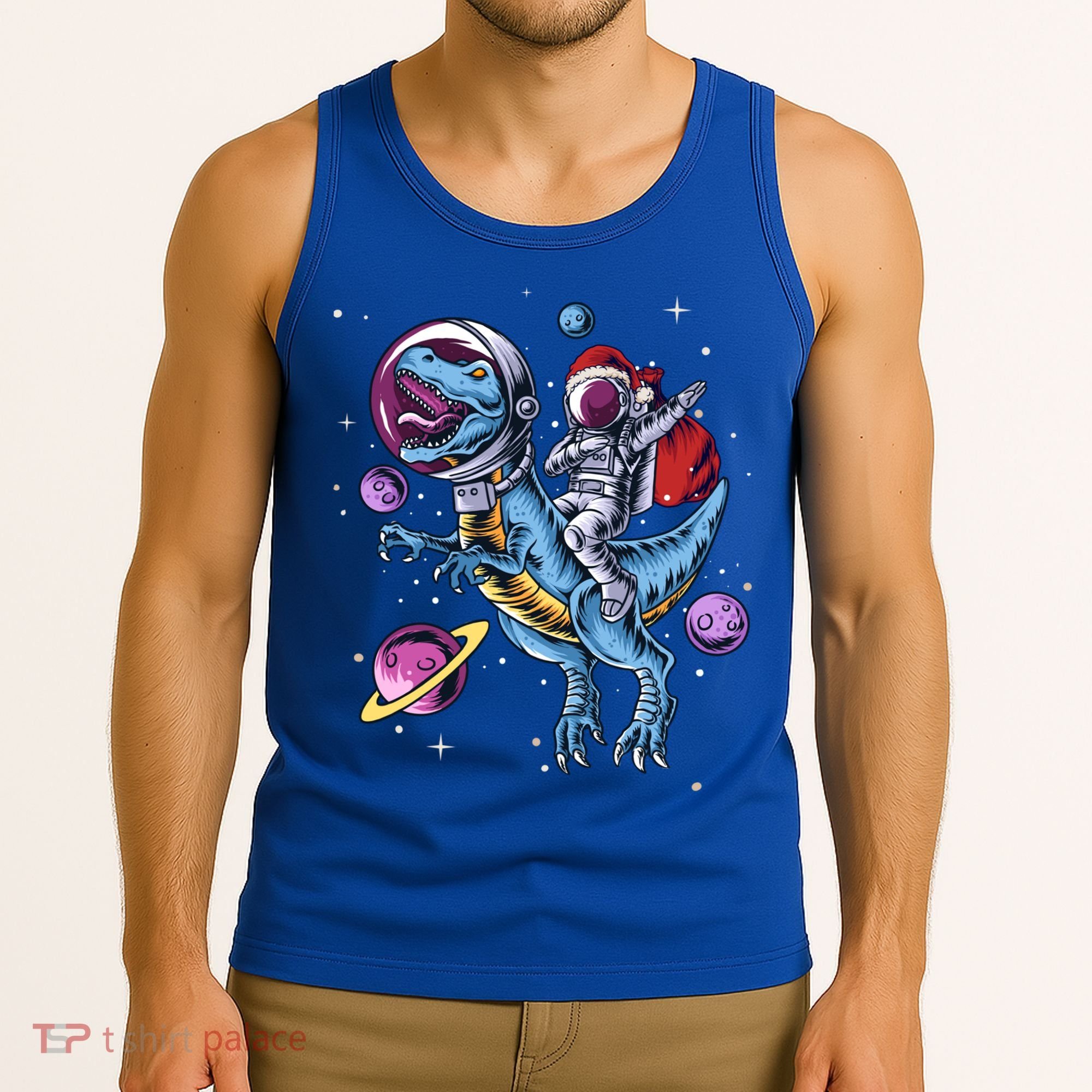 Funny Santa Claus Astronaut Christmas Riding Dinosaur Trex Gift Tank Top
