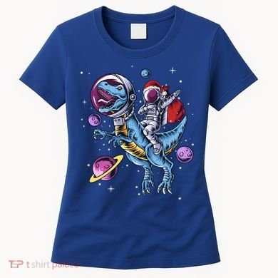 Funny Santa Claus Astronaut Christmas Riding Dinosaur Trex Gift Women's T-Shirt