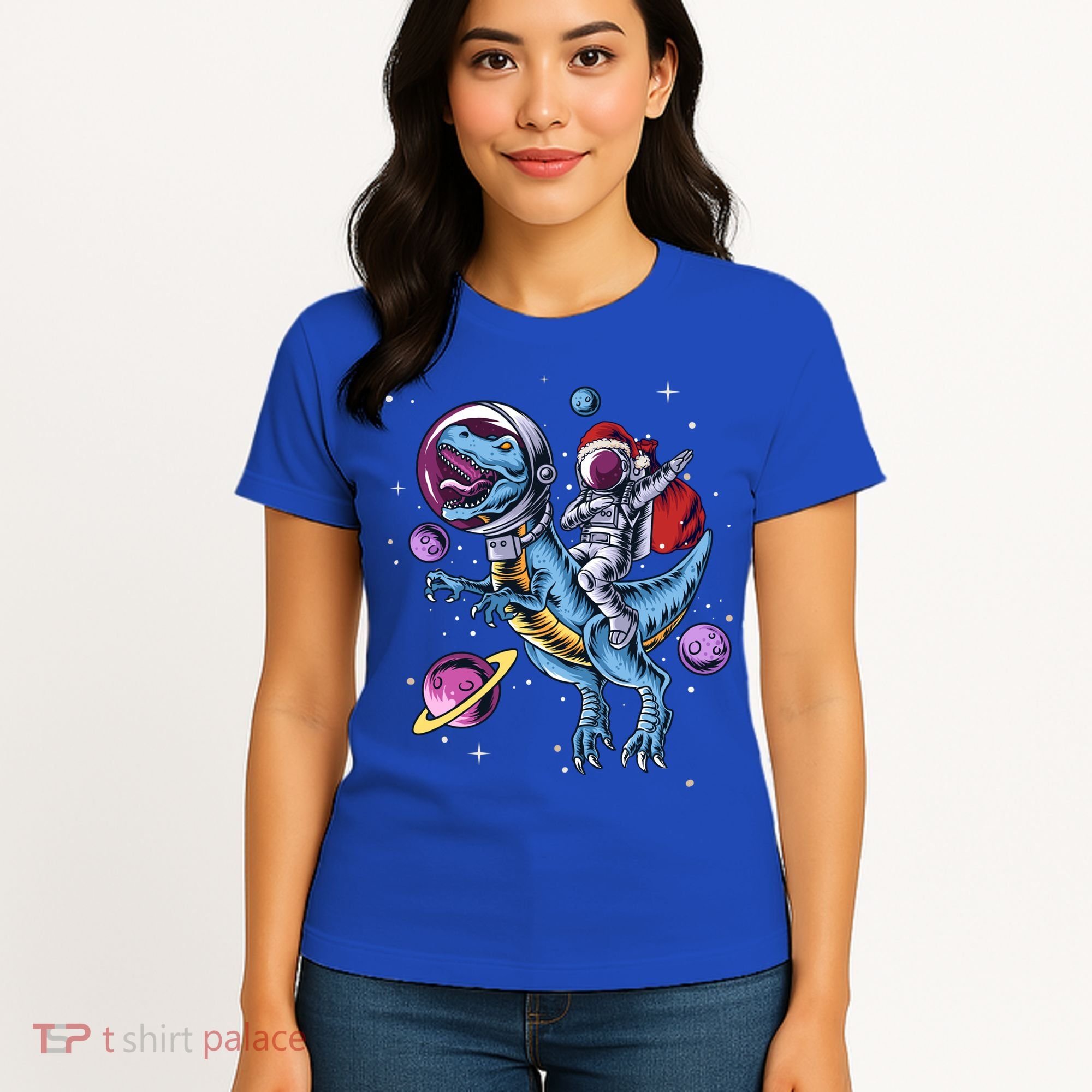 Funny Santa Claus Astronaut Christmas Riding Dinosaur Trex Gift Women's T-Shirt