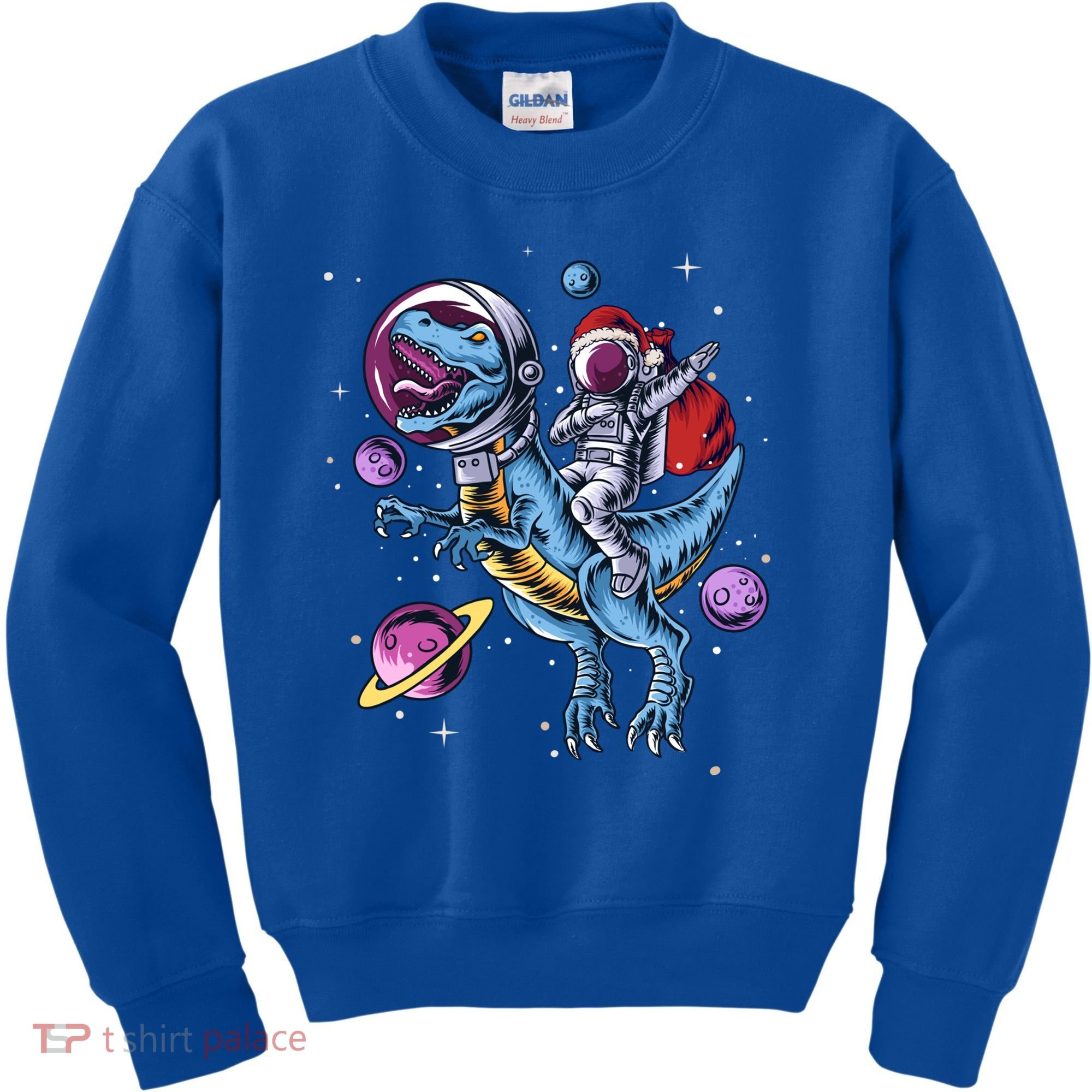 Funny Santa Claus Astronaut Christmas Riding Dinosaur Trex Gift Kids Sweatshirt