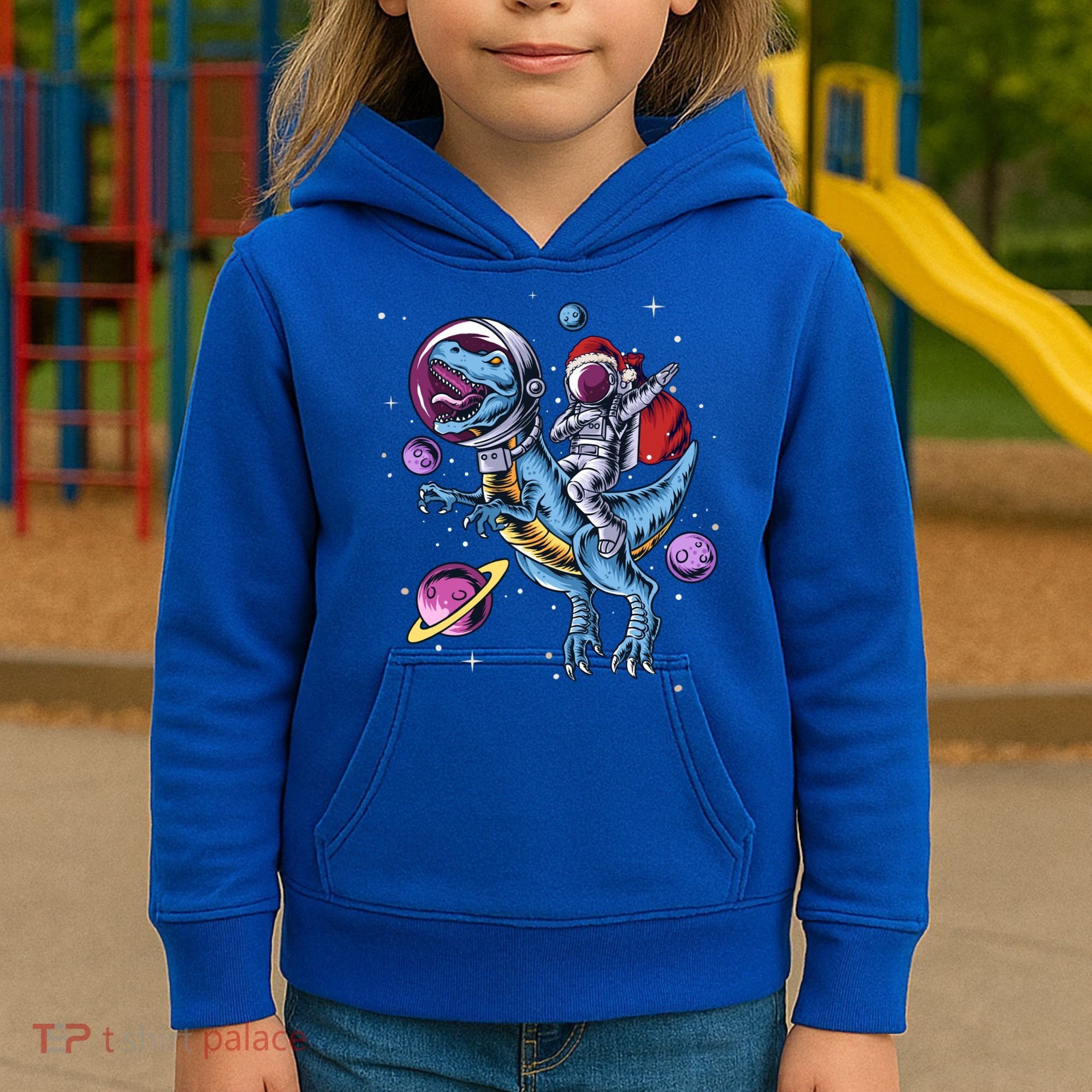 Funny Santa Claus Astronaut Christmas Riding Dinosaur Trex Gift Kids Hoodie