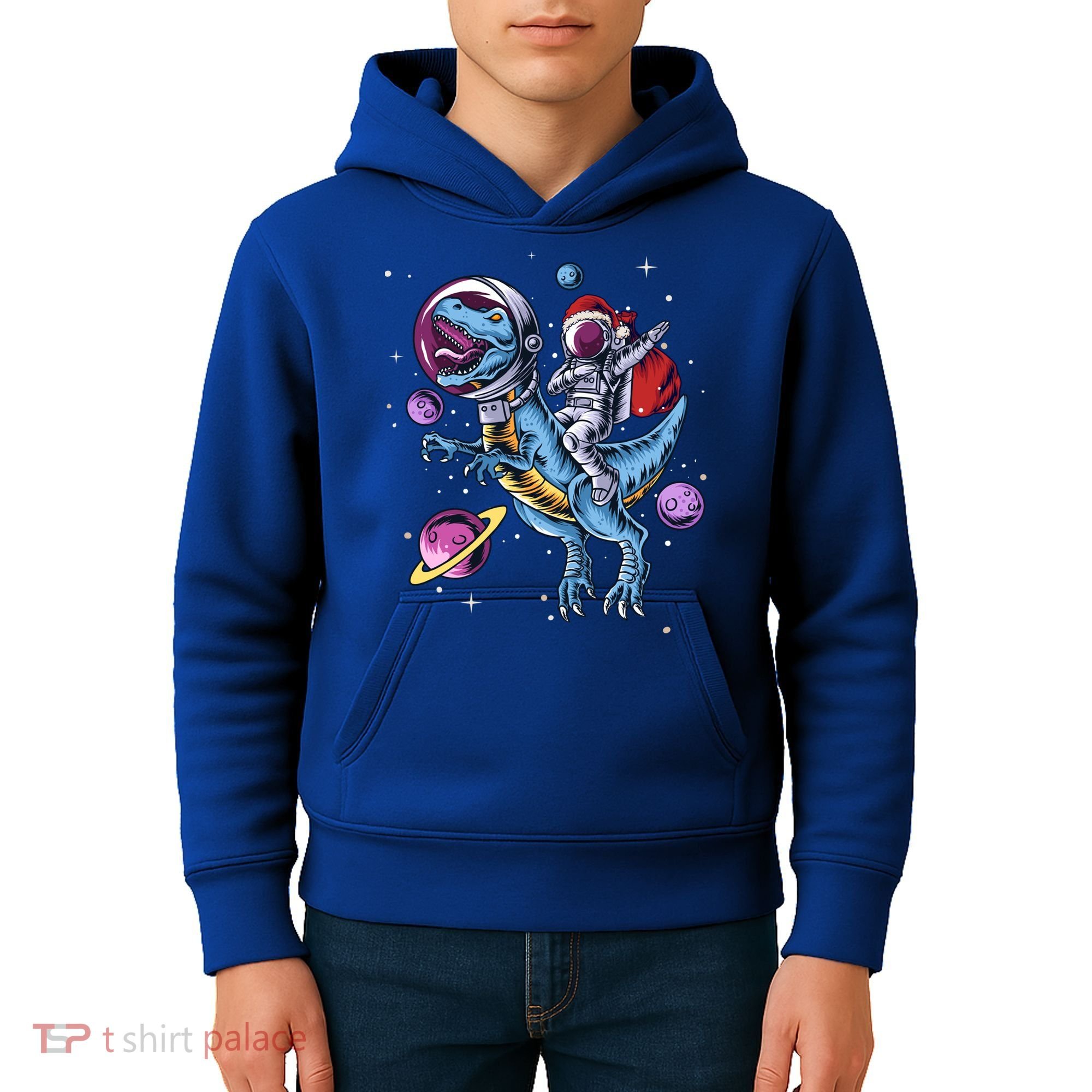 Funny Santa Claus Astronaut Christmas Riding Dinosaur Trex Gift Kids Hoodie