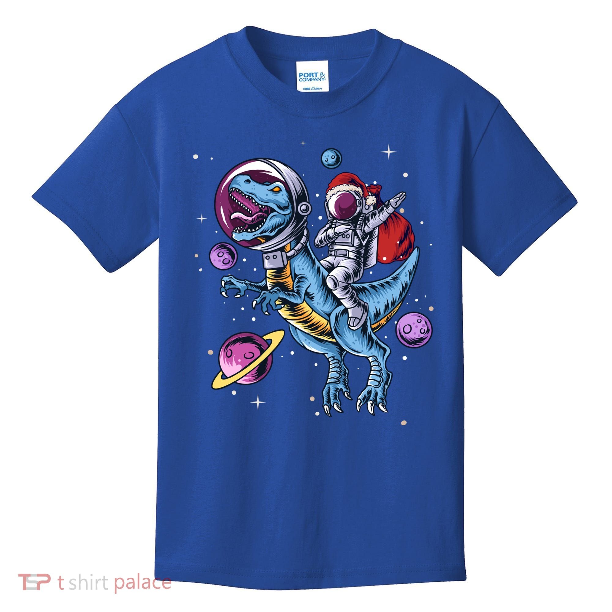 Funny Santa Claus Astronaut Christmas Riding Dinosaur Trex Gift Kids T-Shirt