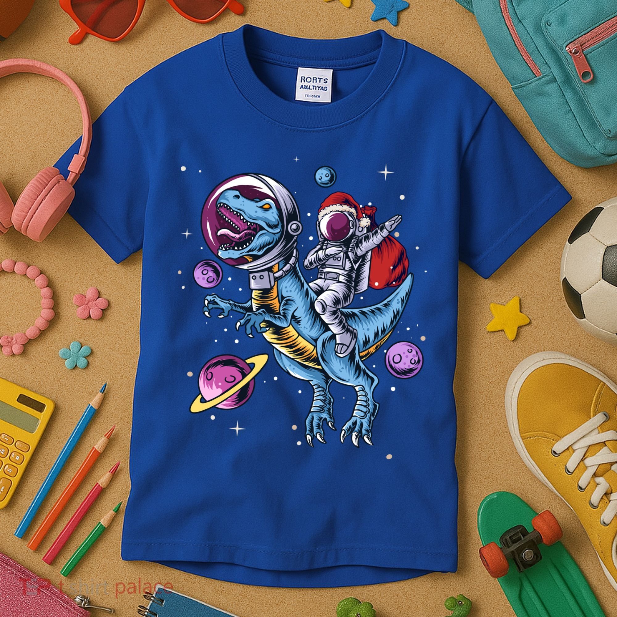 Funny Santa Claus Astronaut Christmas Riding Dinosaur Trex Gift Kids T-Shirt