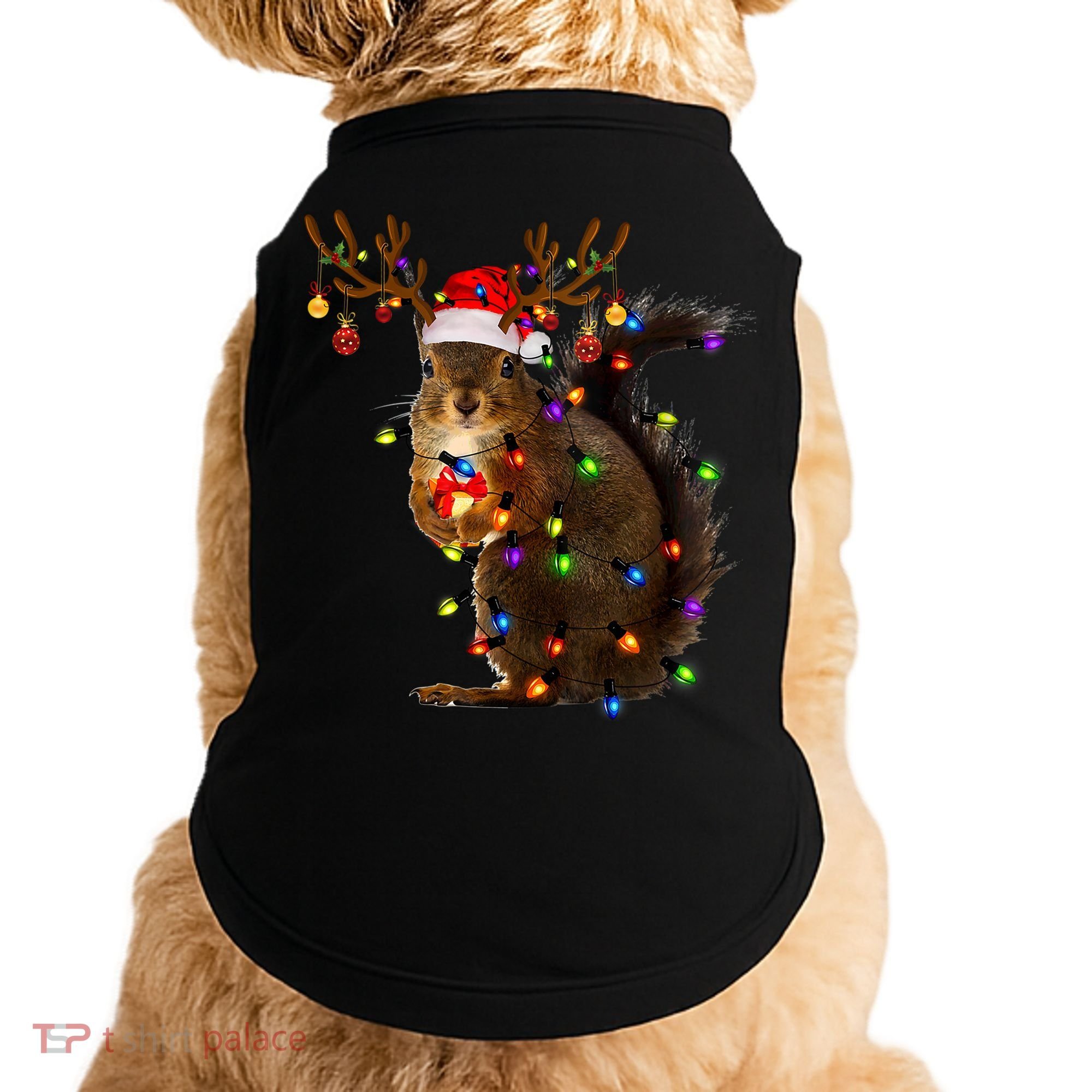 Funny Squirrel Christmas Tree Lights Reindeer Santa Hat Xmas Gift Doggie Tank