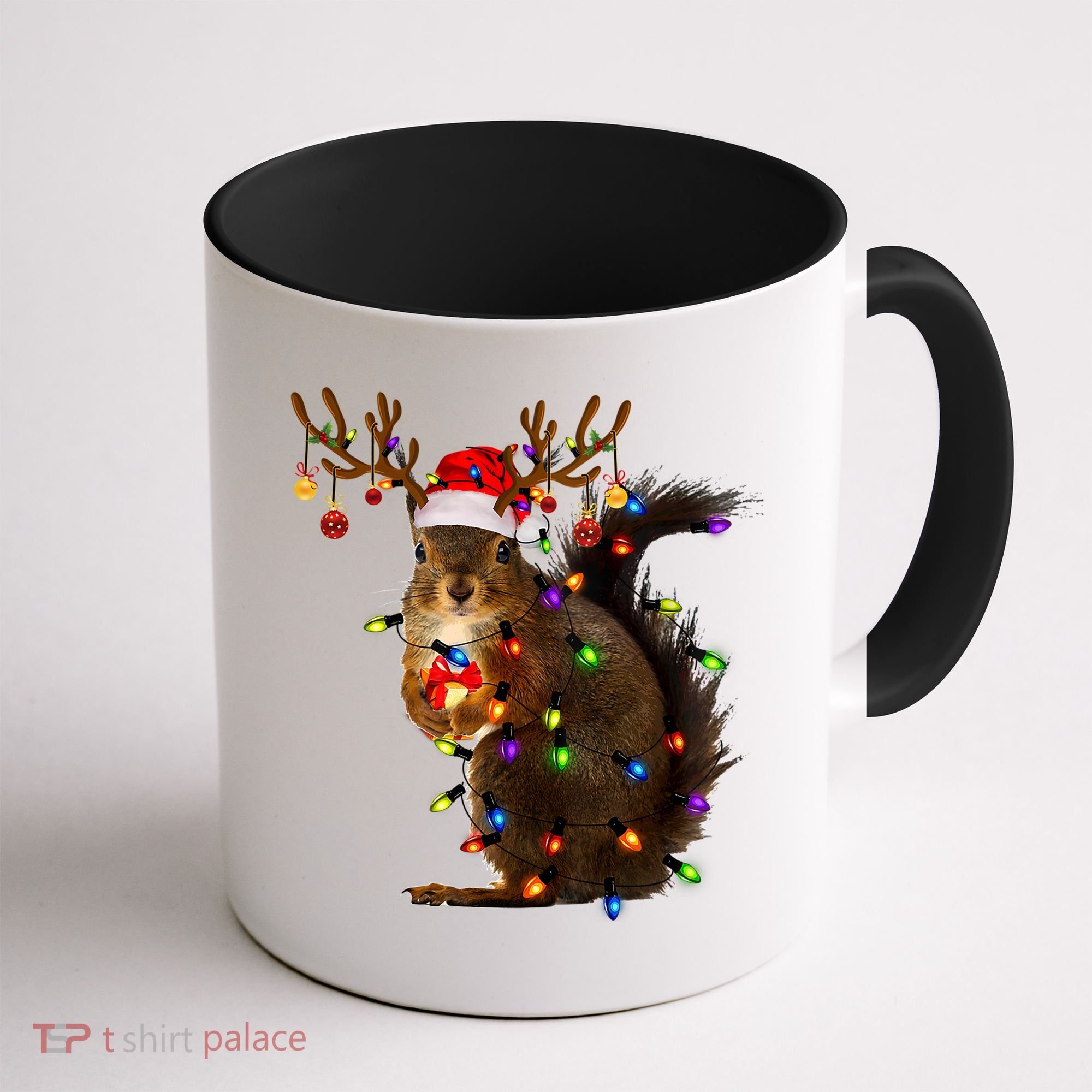Funny Squirrel Christmas Tree Lights Reindeer Santa Hat Xmas Gift Coffee Mug