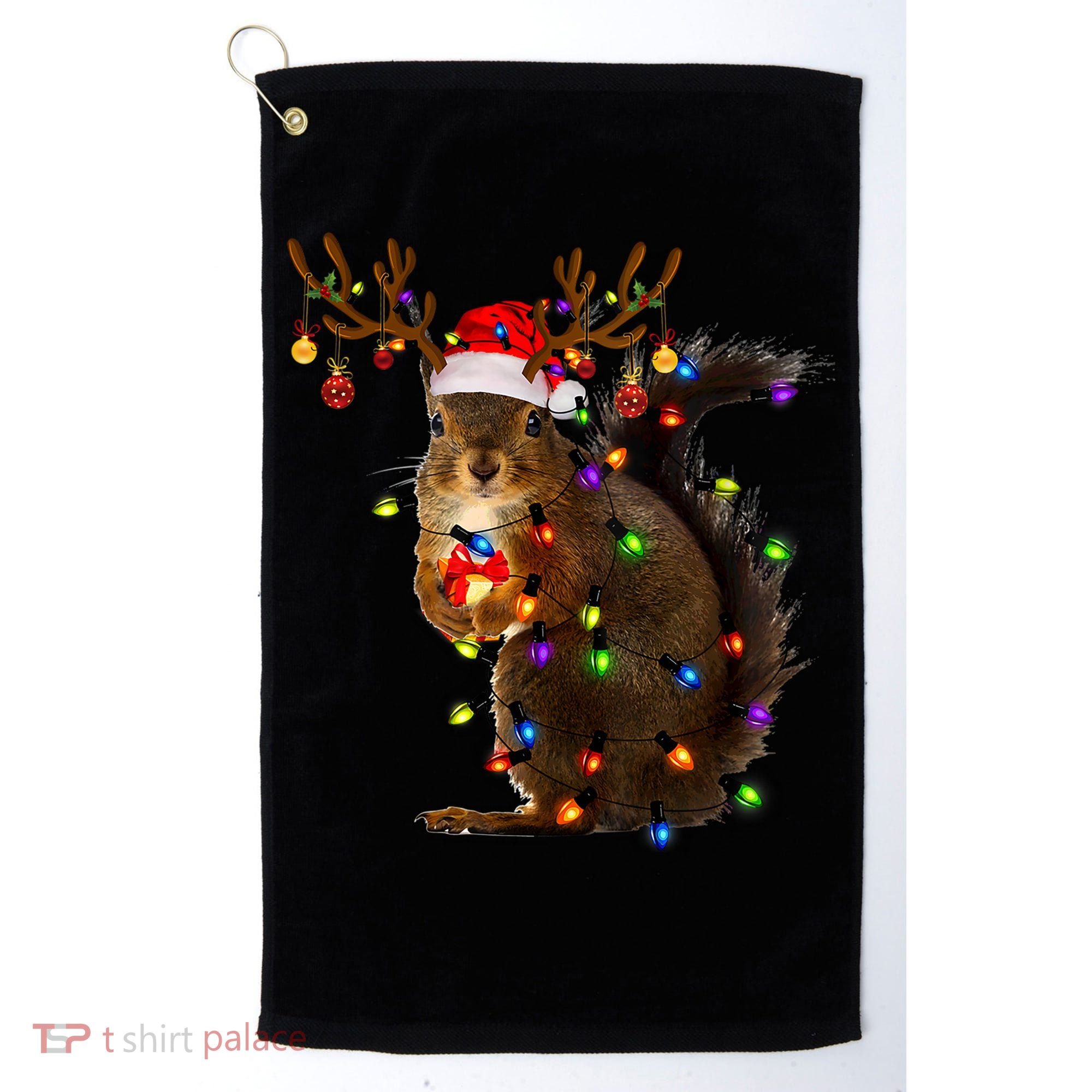 Funny Squirrel Christmas Tree Lights Reindeer Santa Hat Xmas Gift Golf Towel