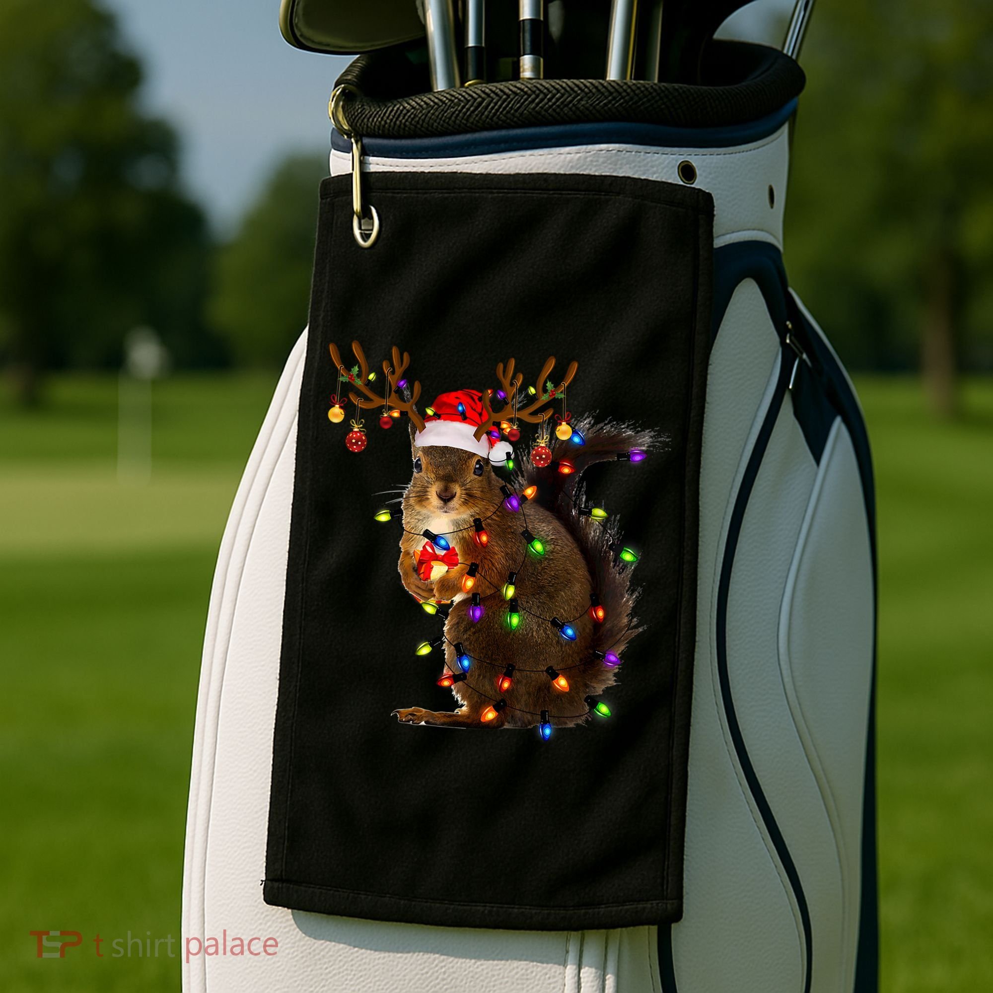 Funny Squirrel Christmas Tree Lights Reindeer Santa Hat Xmas Gift Golf Towel