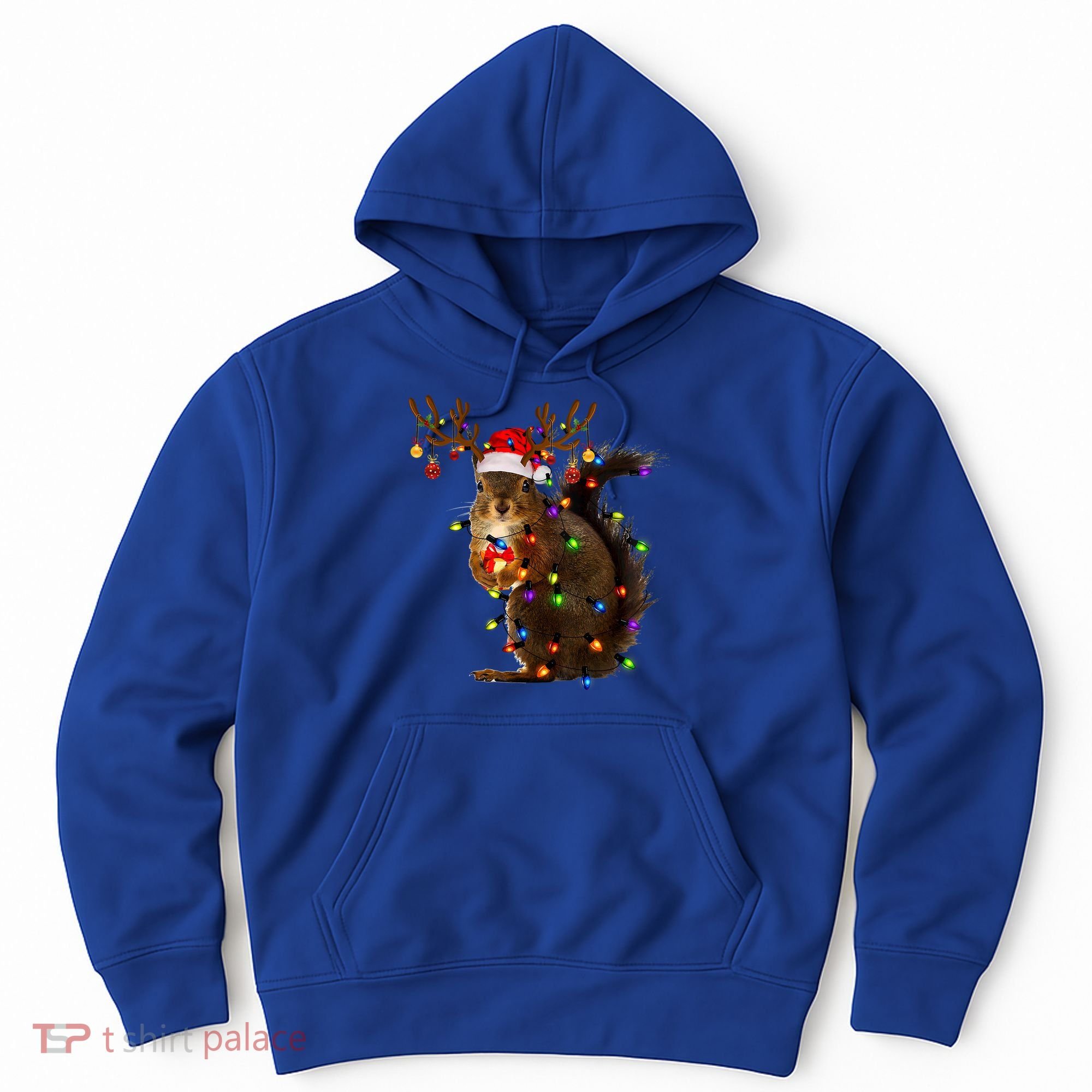 Funny Squirrel Christmas Tree Lights Reindeer Santa Hat Xmas Gift Hoodie