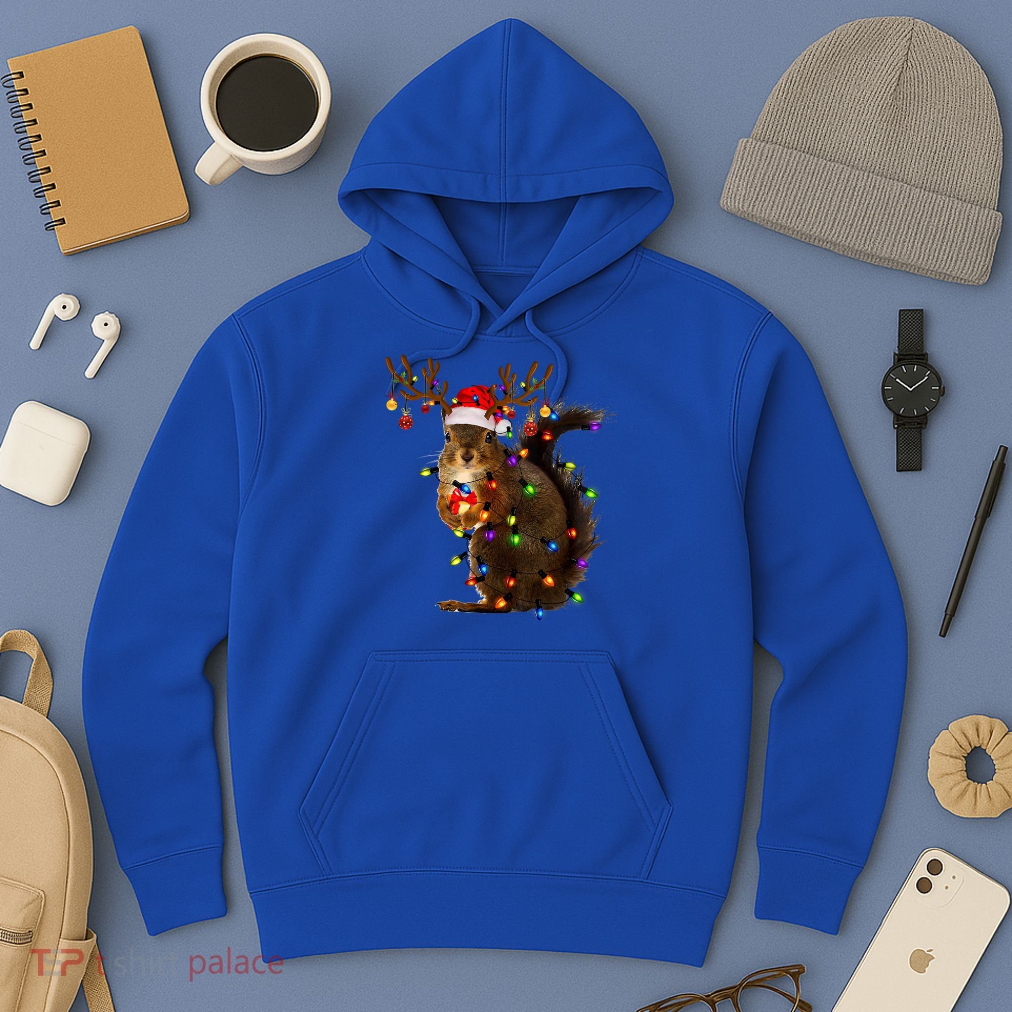 Funny Squirrel Christmas Tree Lights Reindeer Santa Hat Xmas Gift Hoodie