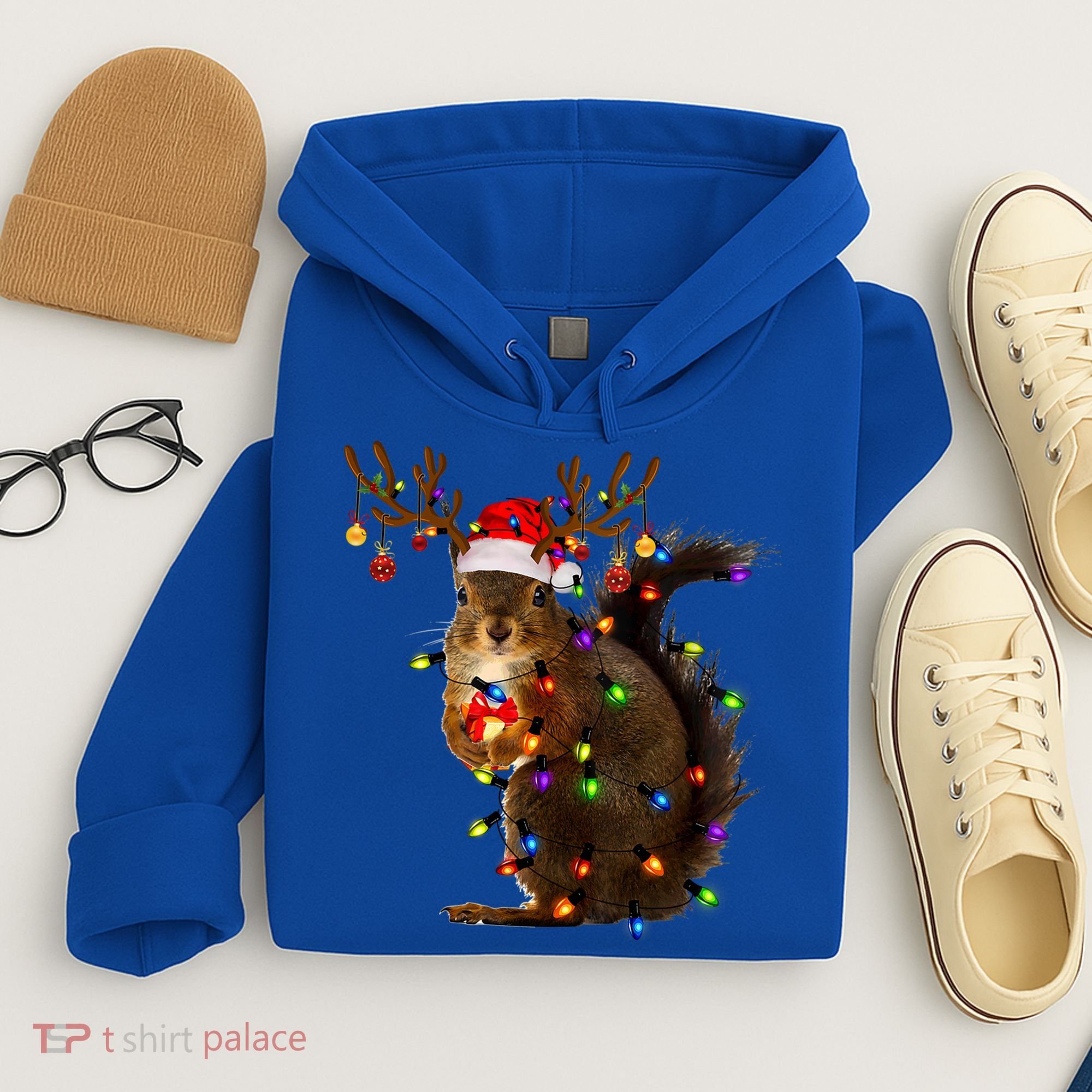 Funny Squirrel Christmas Tree Lights Reindeer Santa Hat Xmas Gift Hoodie